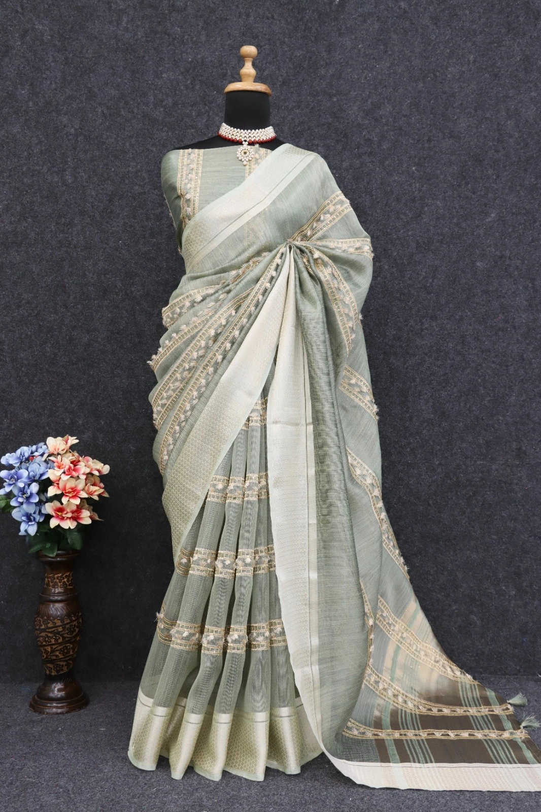 Golden-Zari Pure Tussar Silk Saree with Matching Blouse-POLI-04-Green