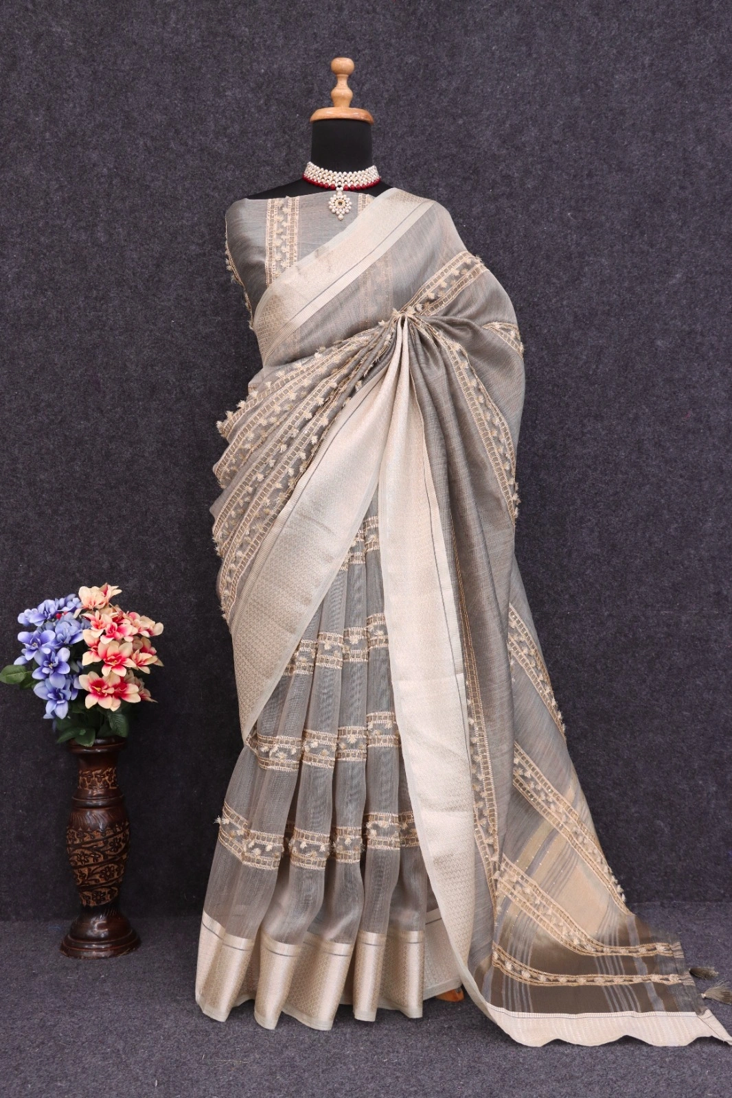 Golden-Zari Pure Tussar Silk Saree with Matching Blouse-POLI-04-Brown