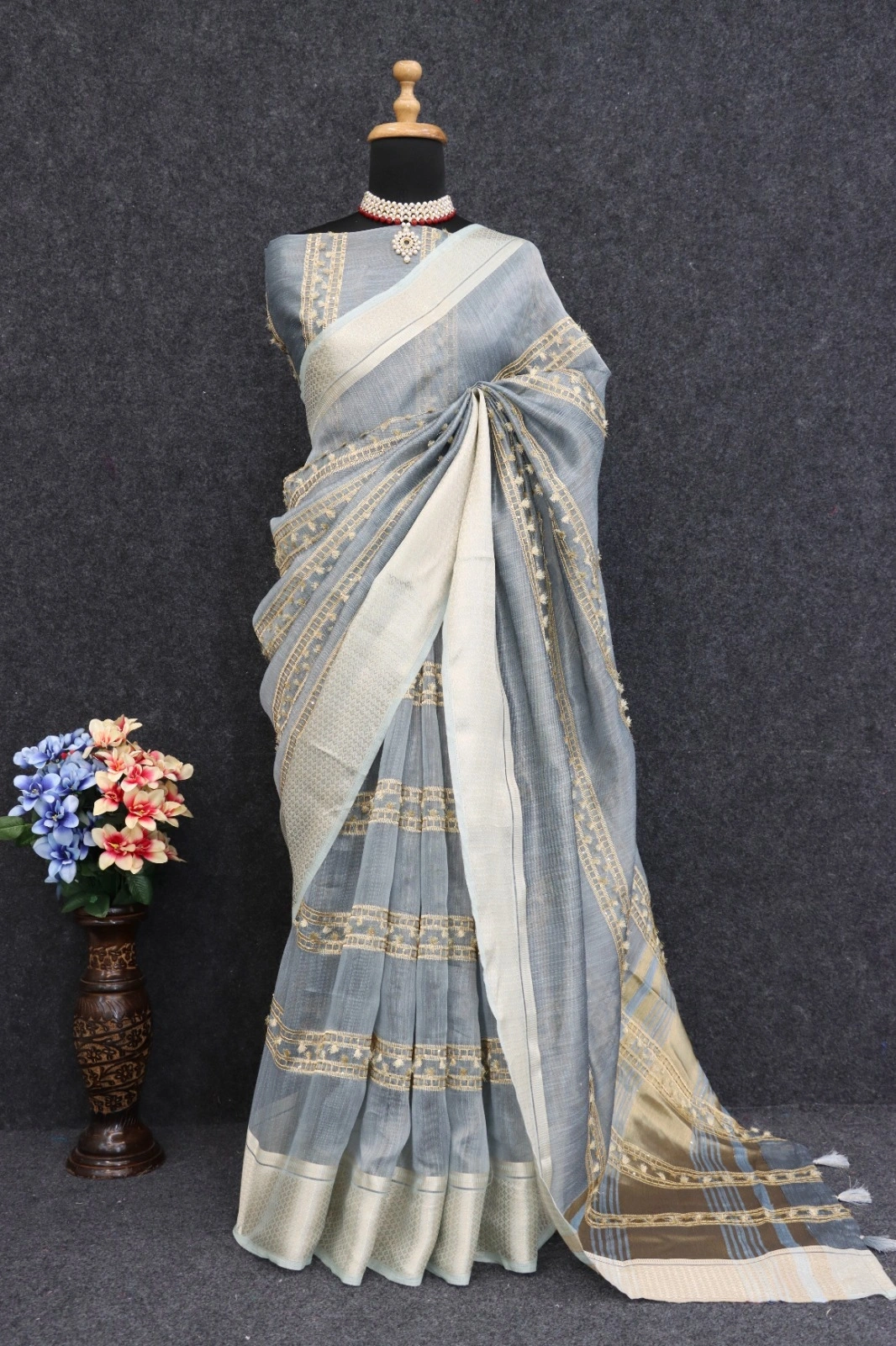 Golden-Zari Pure Tussar Silk Saree with Matching Blouse-POLI-04-Blue