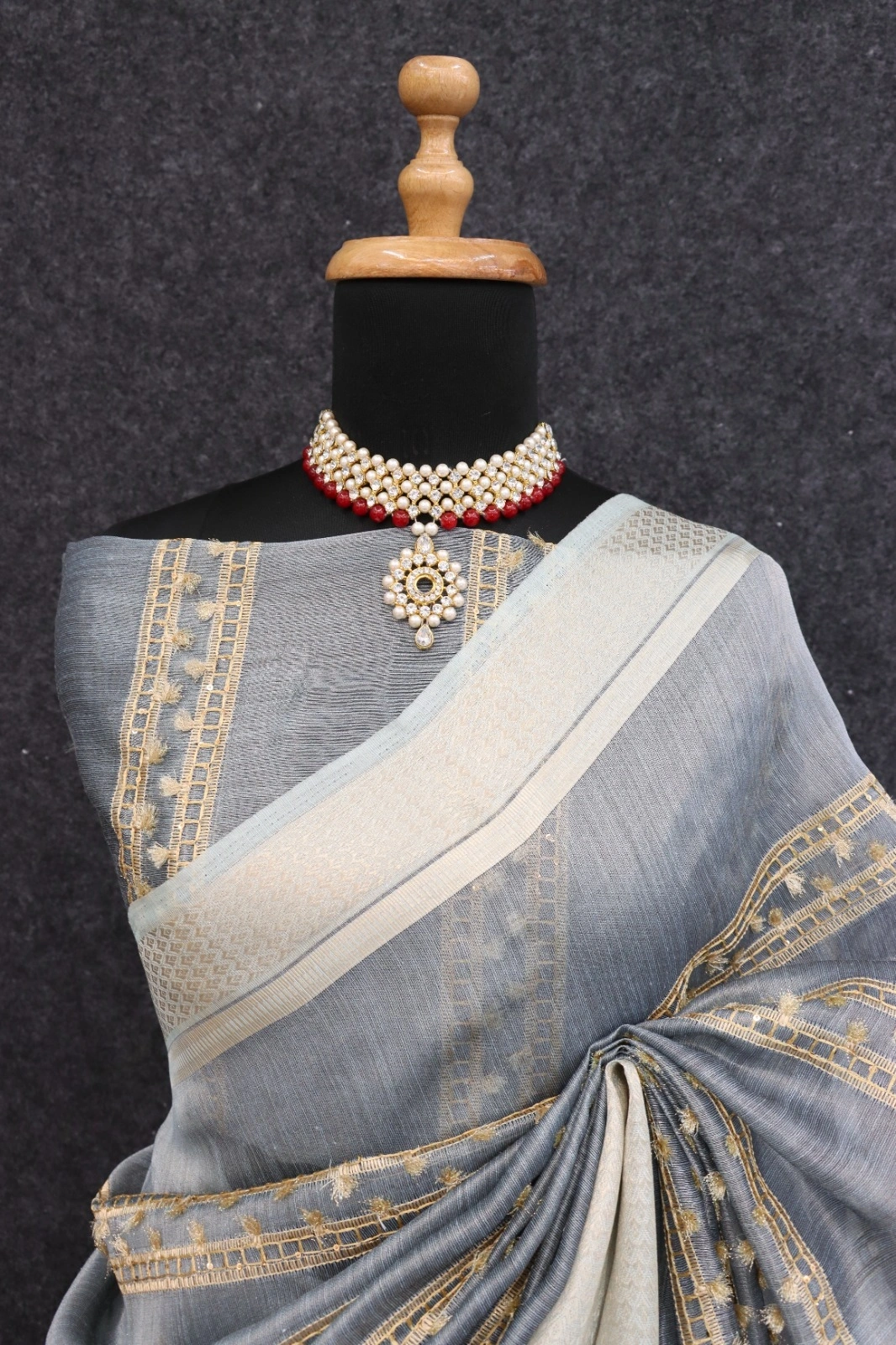 Golden-Zari Pure Tussar Silk Saree with Matching Blouse-Blue-1