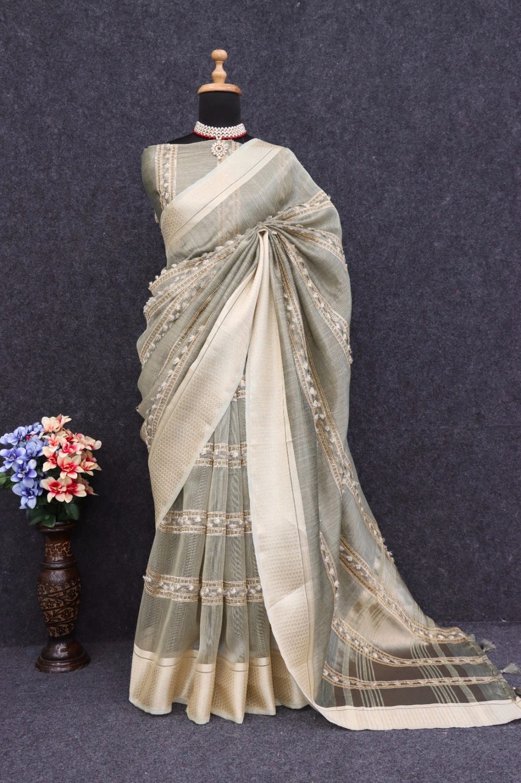 Golden-Zari Pure Tussar Silk Saree with Matching Blouse-POLI-04-Grey