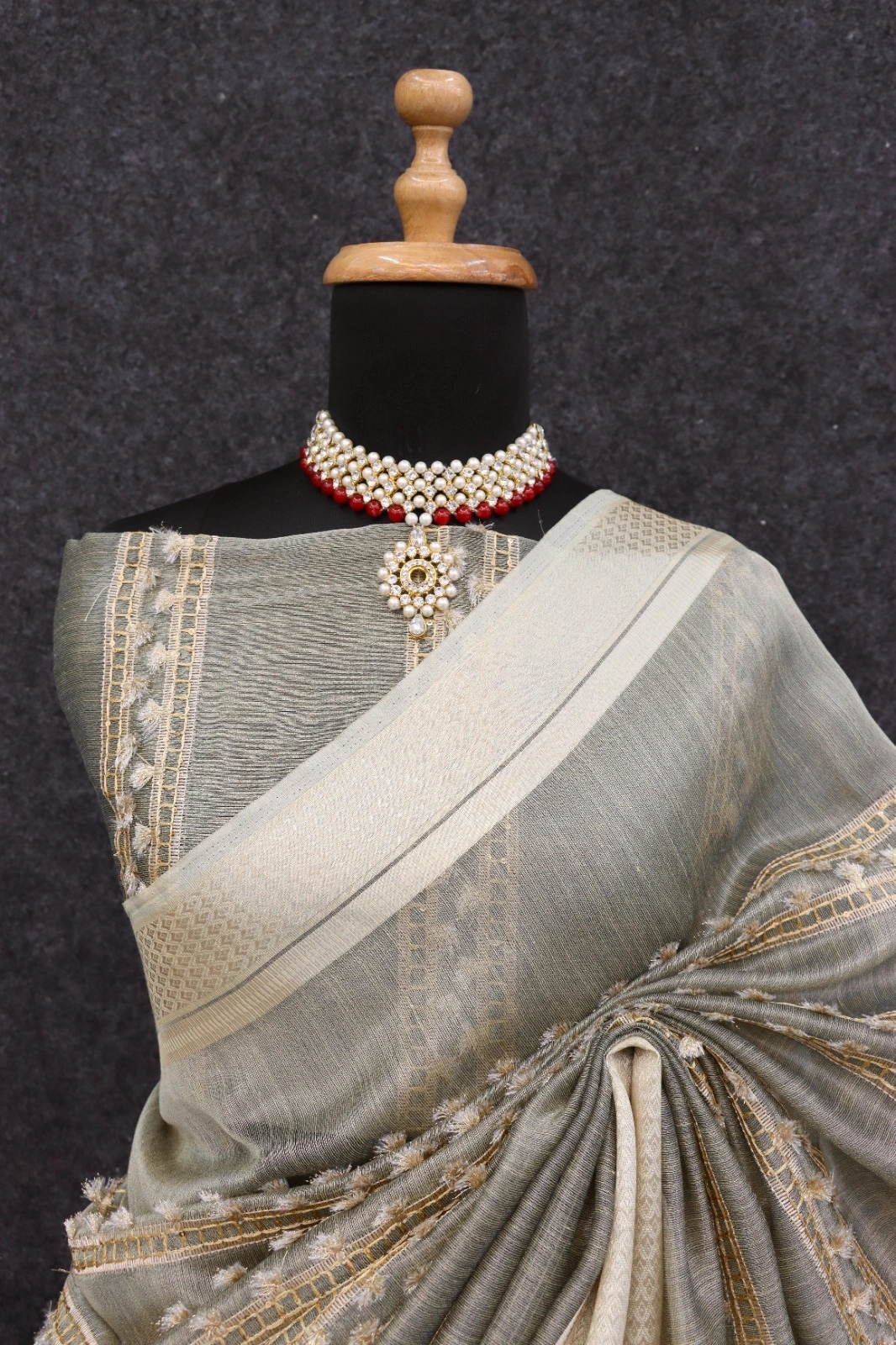 Golden-Zari Pure Tussar Silk Saree with Matching Blouse-Grey-1