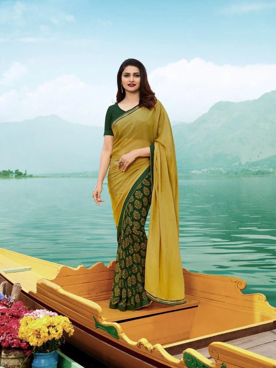 5.50 Meter Heavy Georgette Silk Half &amp; Half Saree with 0.80 Meter Blouse Piece-NFA-07-Yellow