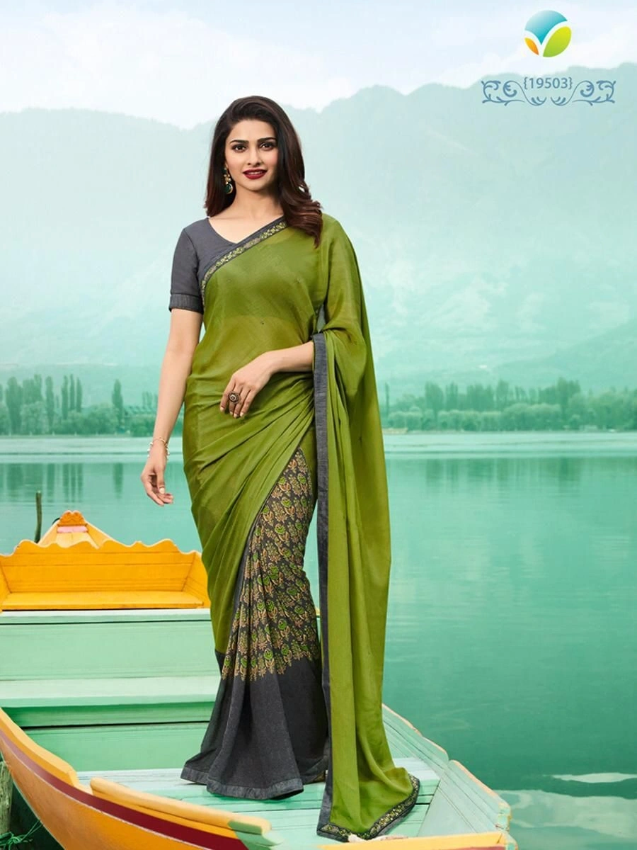 5.50 Meter Heavy Georgette Silk Half &amp; Half Saree with 0.80 Meter Blouse Piece-Green-1