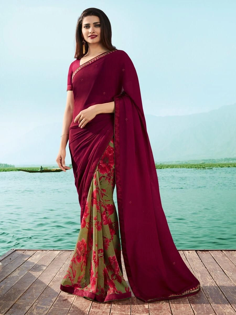 5.50 Meter Heavy Georgette Silk Half &amp; Half Saree with 0.80 Meter Blouse Piece-NFA-07-Maroon