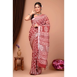 Premium Linen Cotton Sarees: Exquisite Batik Print, Silver Border, Printed Pallu