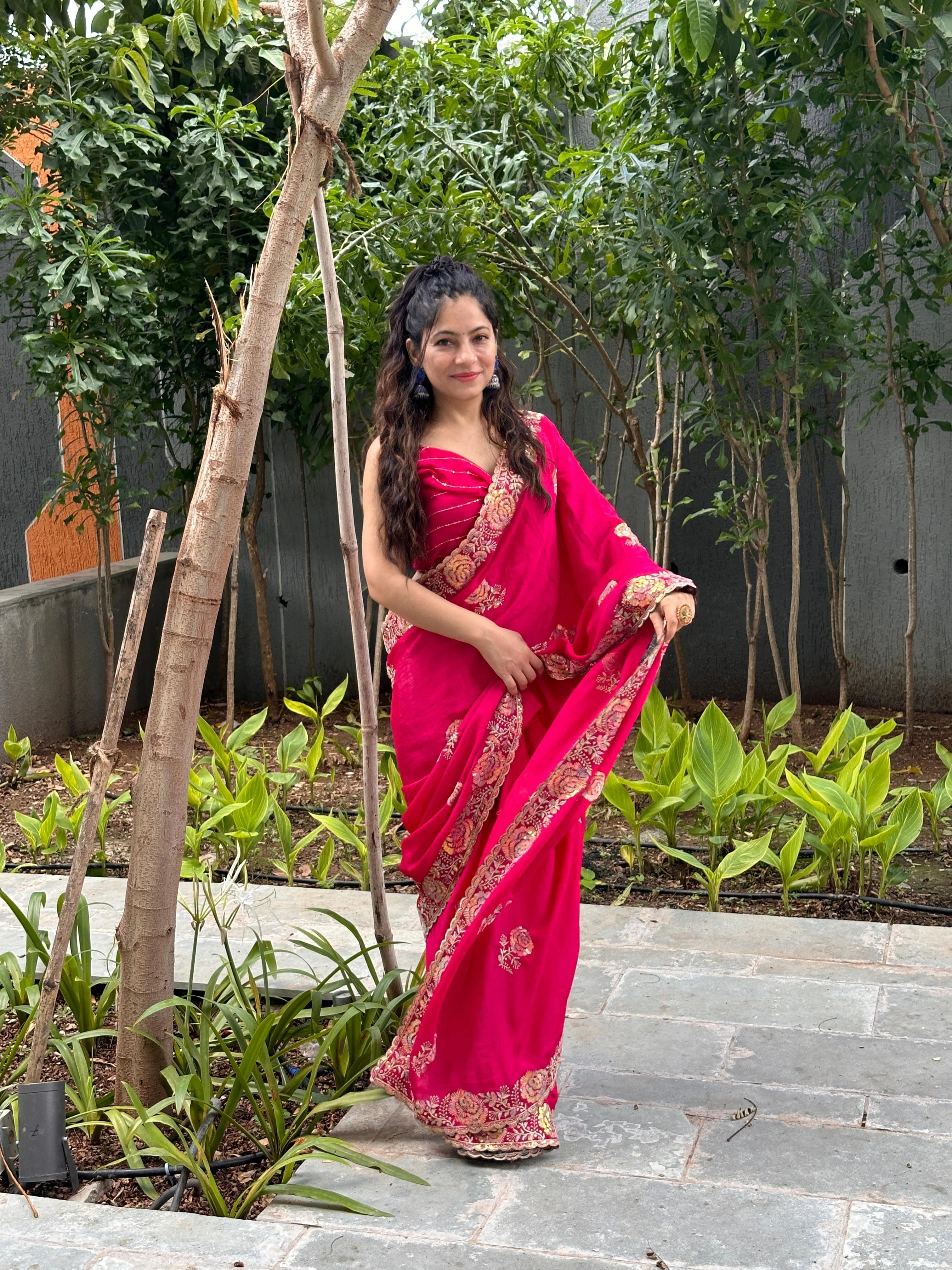 Elegant Crape Silk Saree with Crossstitch Embroidery and Sequins Work-Red-3