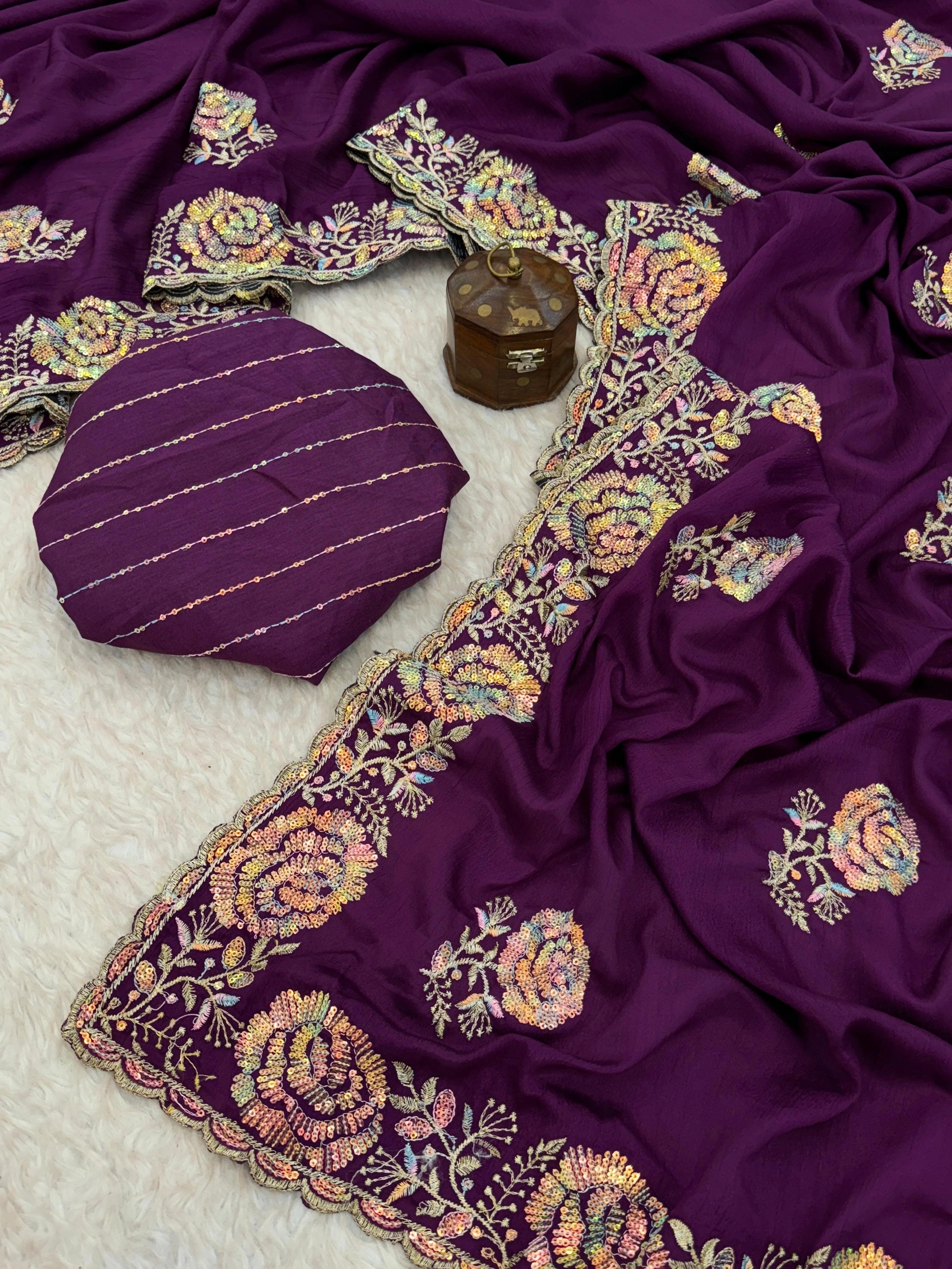 Elegant Crape Silk Saree with Crossstitch Embroidery and Sequins Work-Wine-2