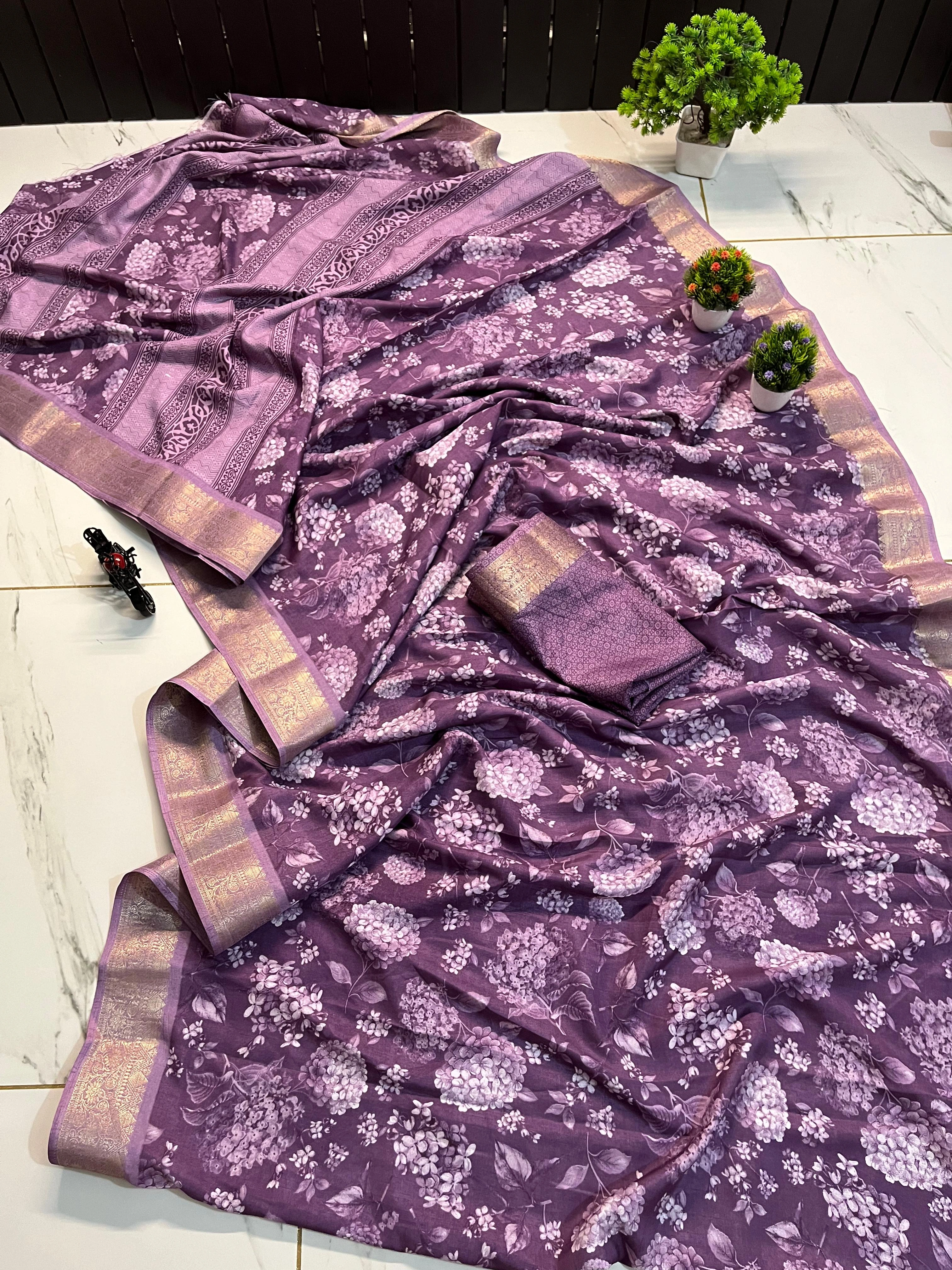 Floral Dola Silk Saree with Check Blouse - Stunning!-RWC-53-Purple