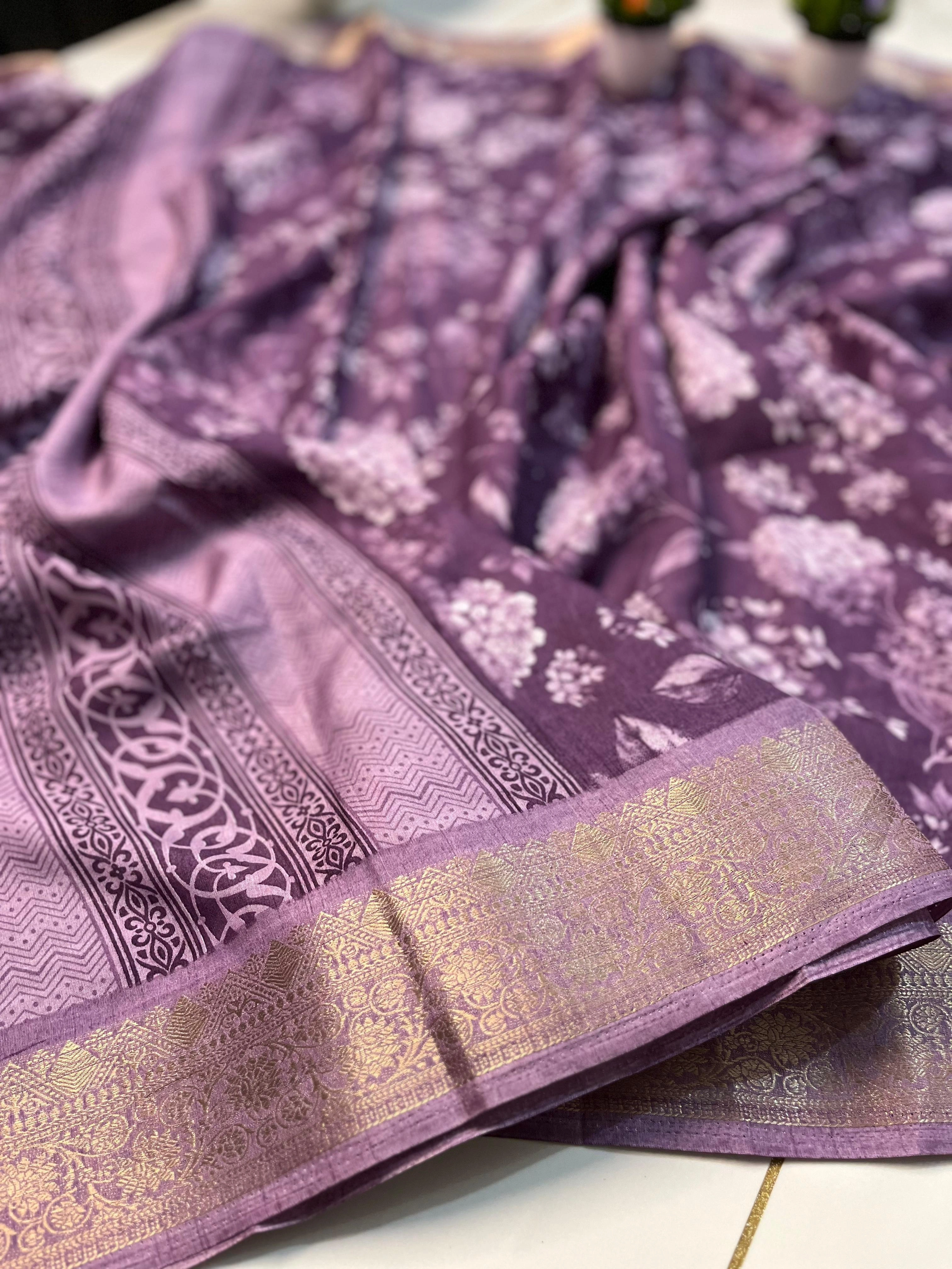 Floral Dola Silk Saree with Check Blouse - Stunning!-Purple-2