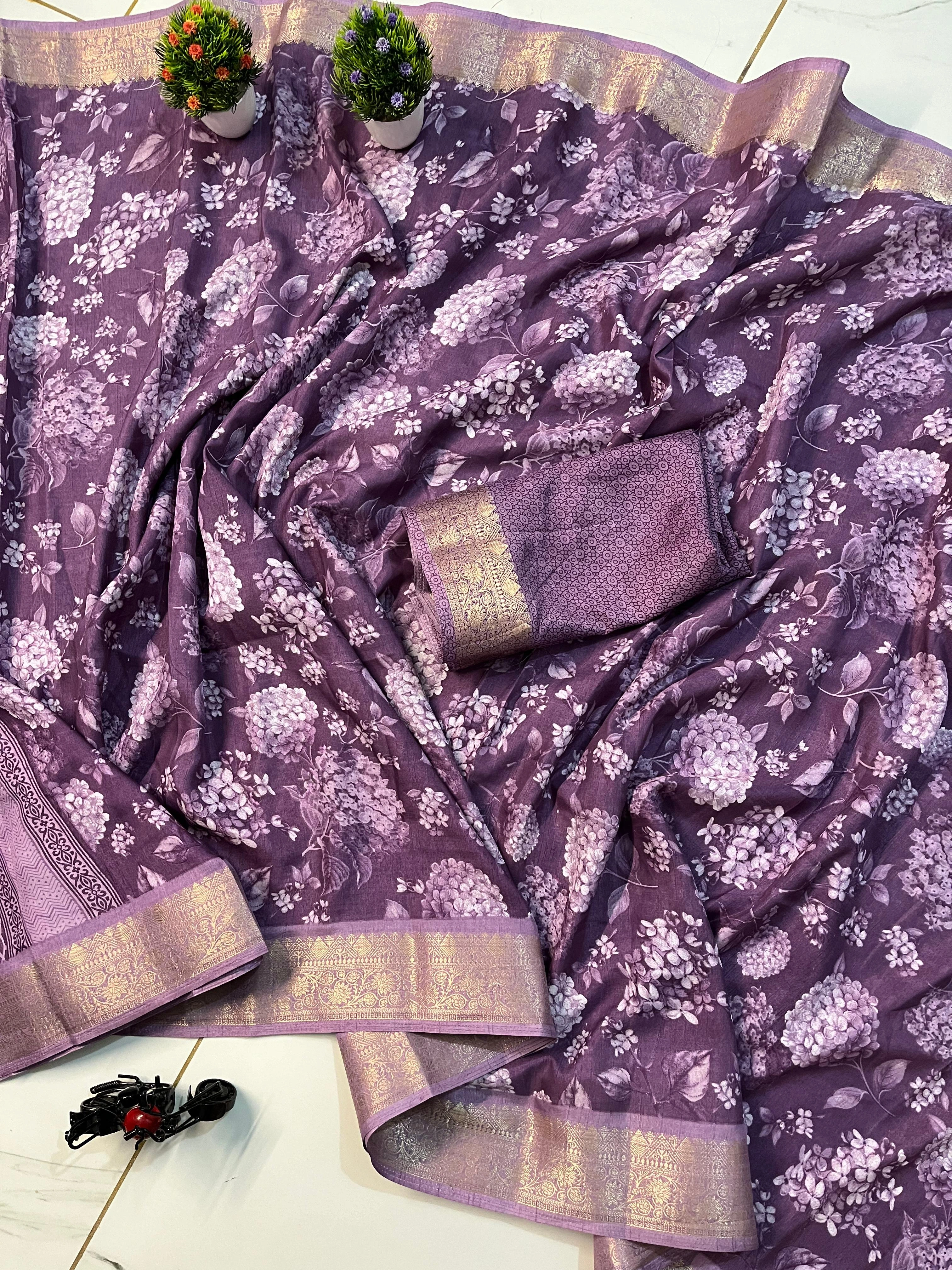 Floral Dola Silk Saree with Check Blouse - Stunning!-Purple-3