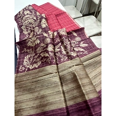 Floral Tussar Saree with Printed Blouse and Tassel Finish