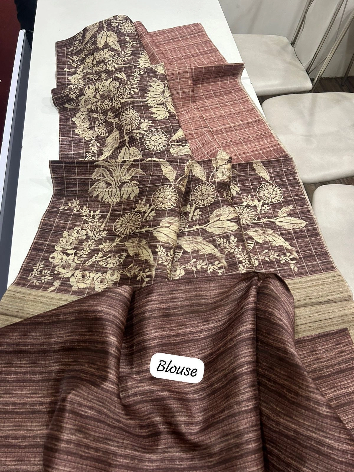 Floral Tussar Saree with Printed Blouse and Tassel Finish-ANT-38-Brown