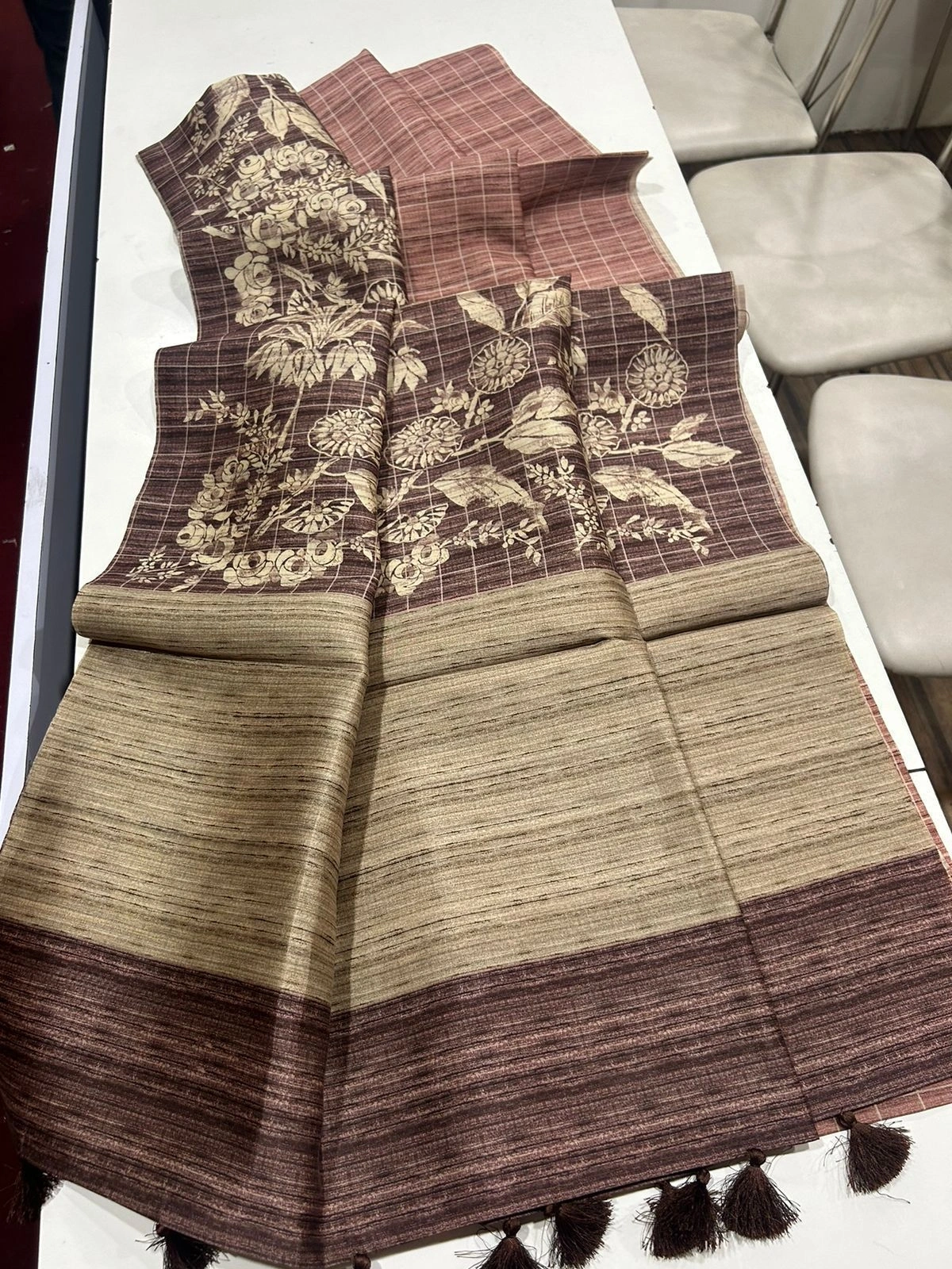 Floral Tussar Saree with Printed Blouse and Tassel Finish-Brown-1