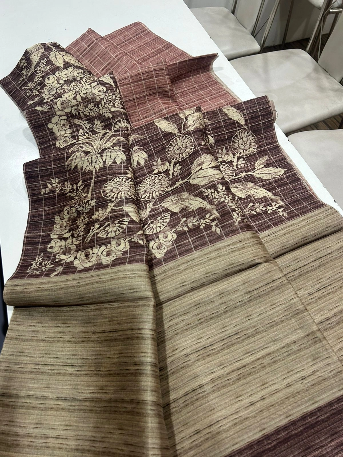 Floral Tussar Saree with Printed Blouse and Tassel Finish-Brown-2