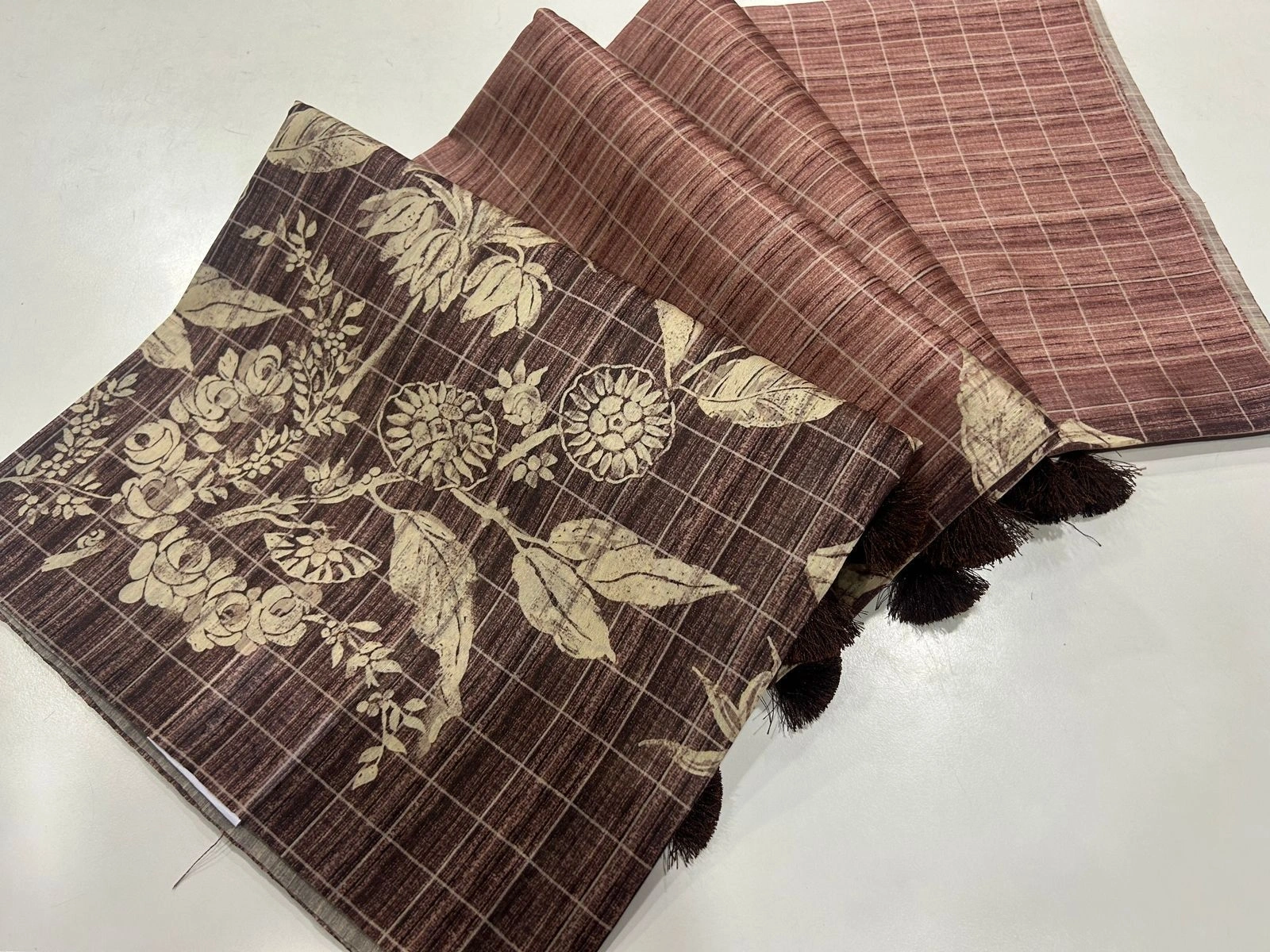 Floral Tussar Saree with Printed Blouse and Tassel Finish-Brown-3