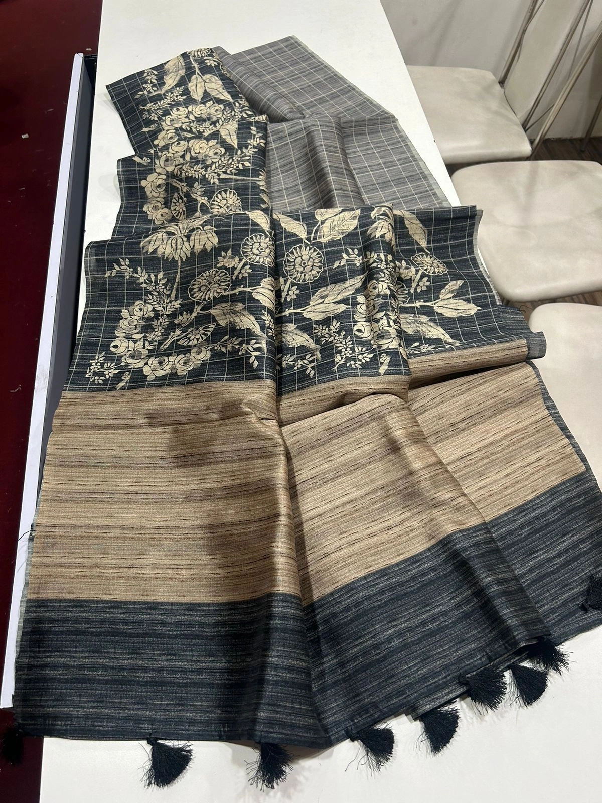 Floral Tussar Saree with Printed Blouse and Tassel Finish-Gray-1