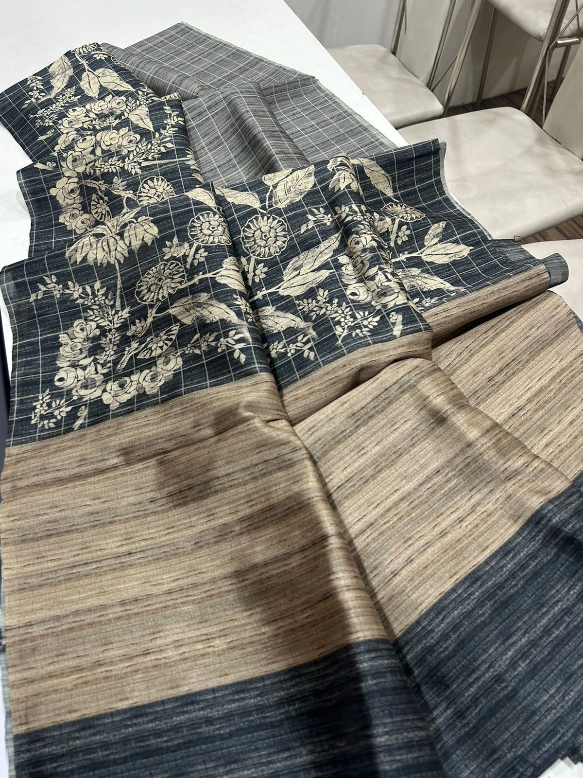 Floral Tussar Saree with Printed Blouse and Tassel Finish-Gray-2