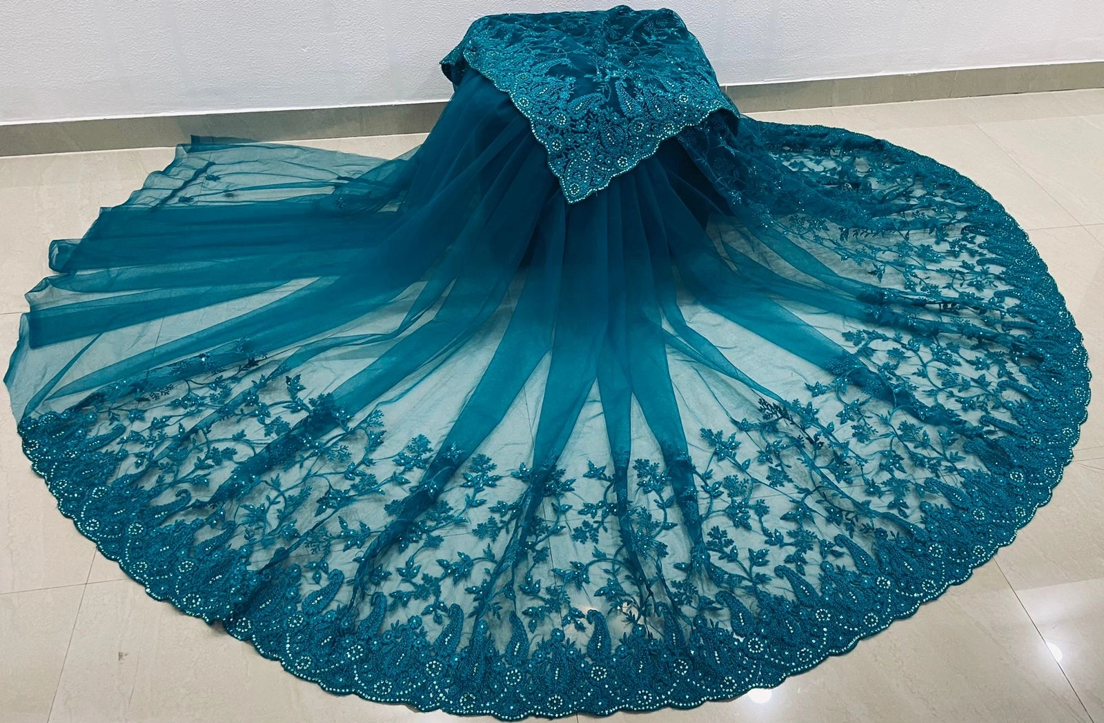 Embroidered Butterfly Net Saree with Diamond Work-RBC-24-PeacockBlue