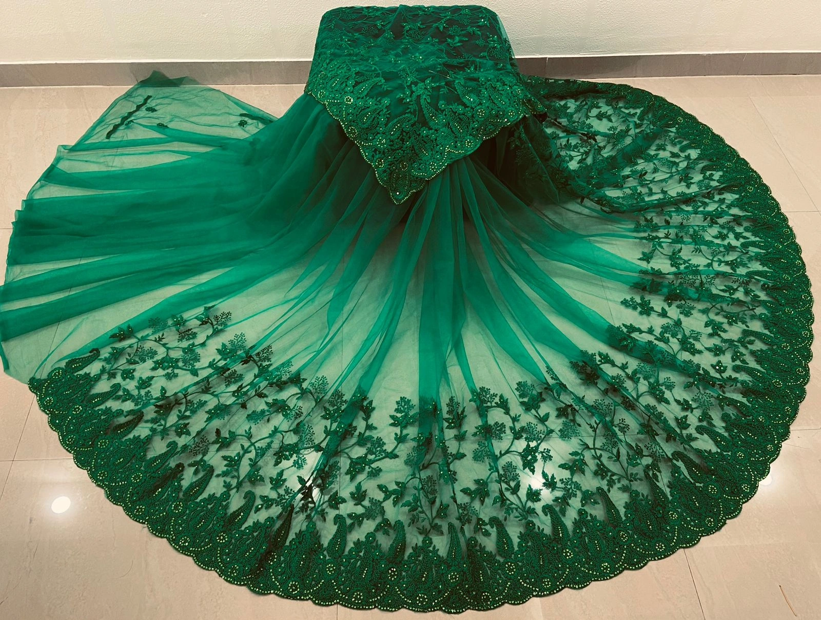 Embroidered Butterfly Net Saree with Diamond Work-Green-2