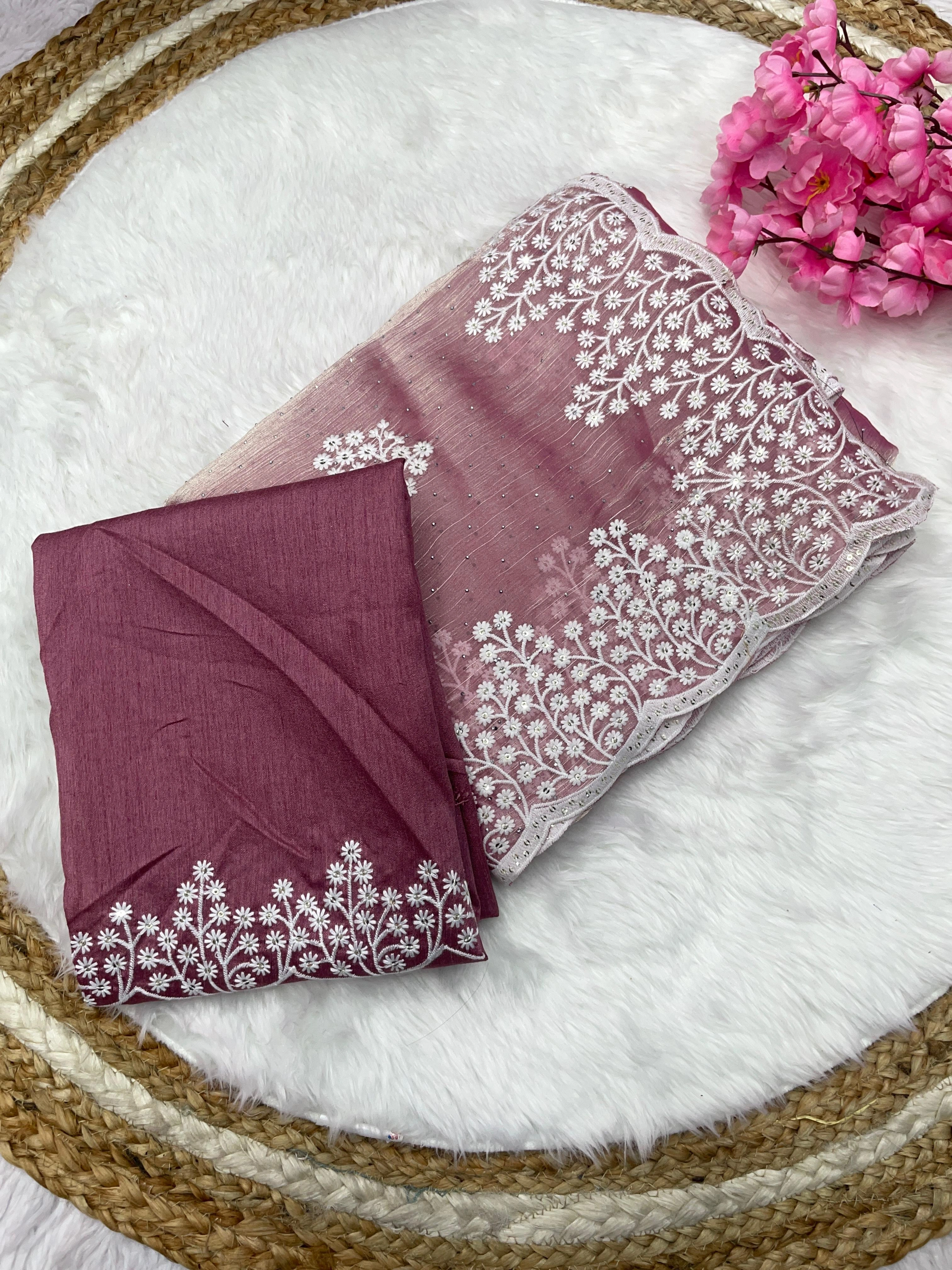 Zimmy Choo Saree: Elegant Silk with Stunning Diamond Embroidery-Wine-2