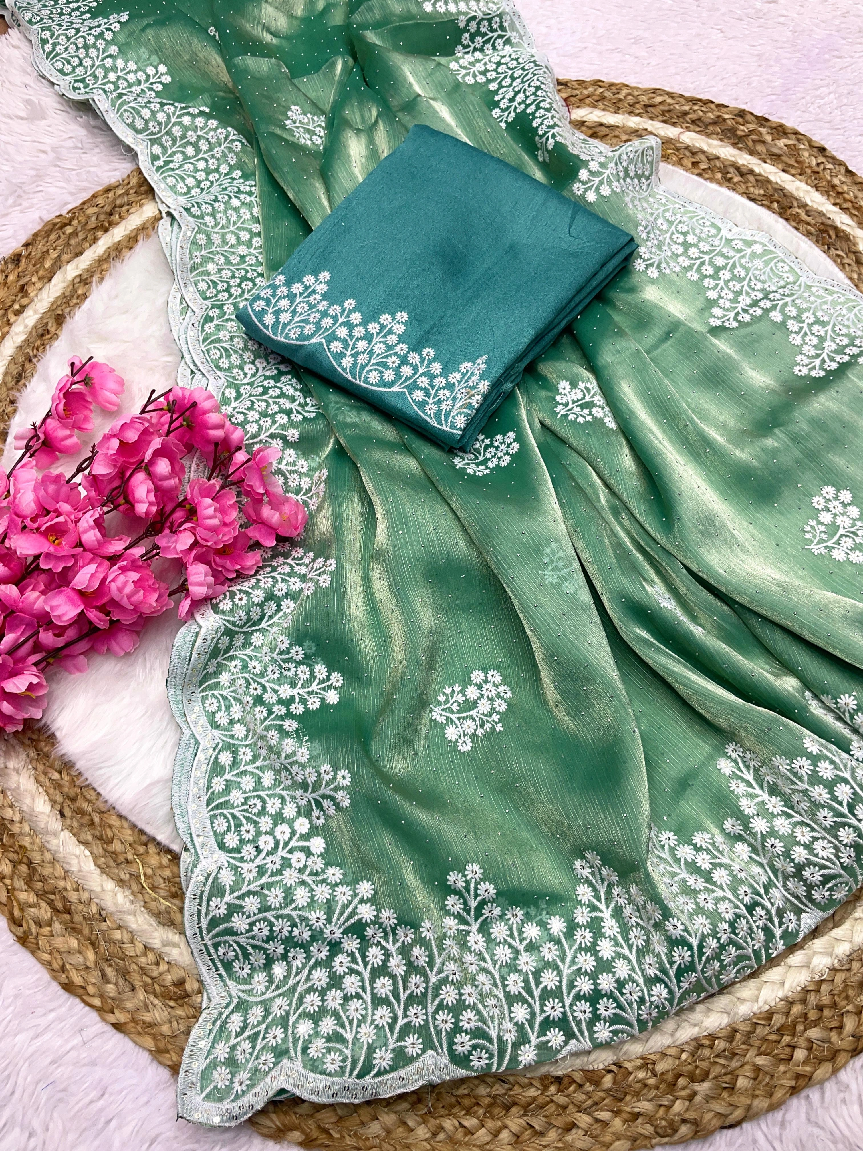 Zimmy Choo Saree: Elegant Silk with Stunning Diamond Embroidery-RMP-413-Rama