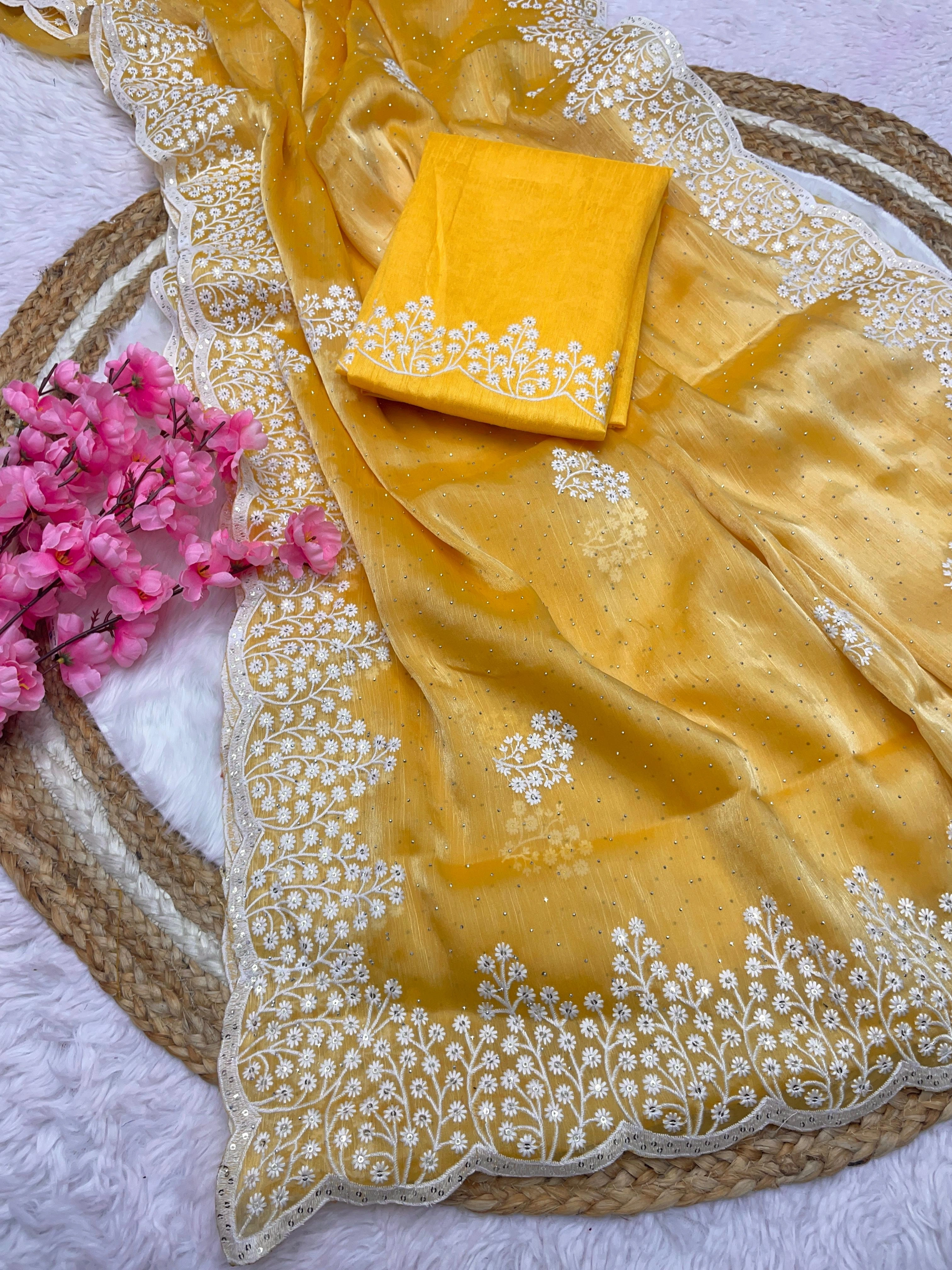 Zimmy Choo Saree: Elegant Silk with Stunning Diamond Embroidery-RMP-413-Yellow