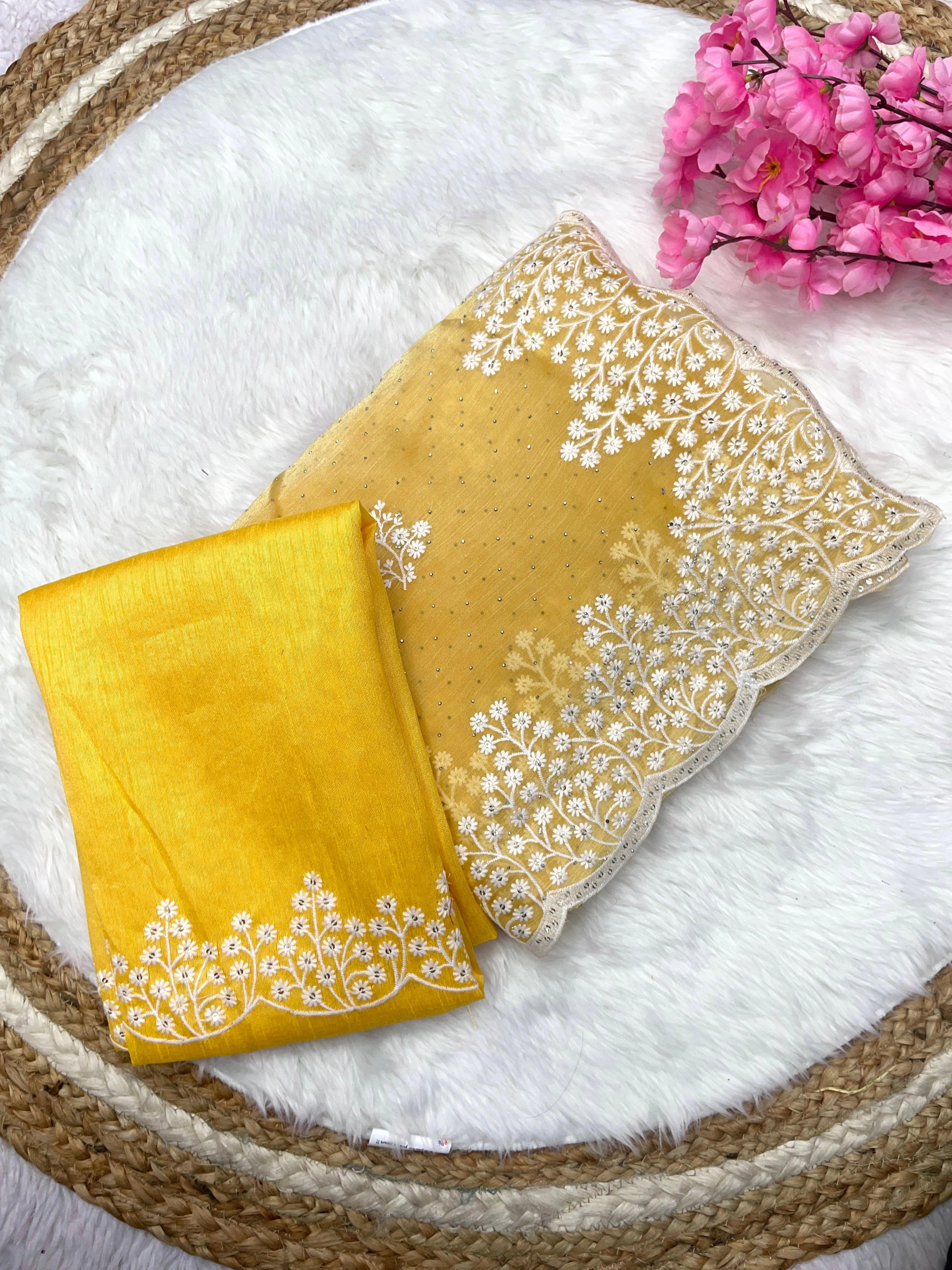 Zimmy Choo Saree: Elegant Silk with Stunning Diamond Embroidery-Yellow-2