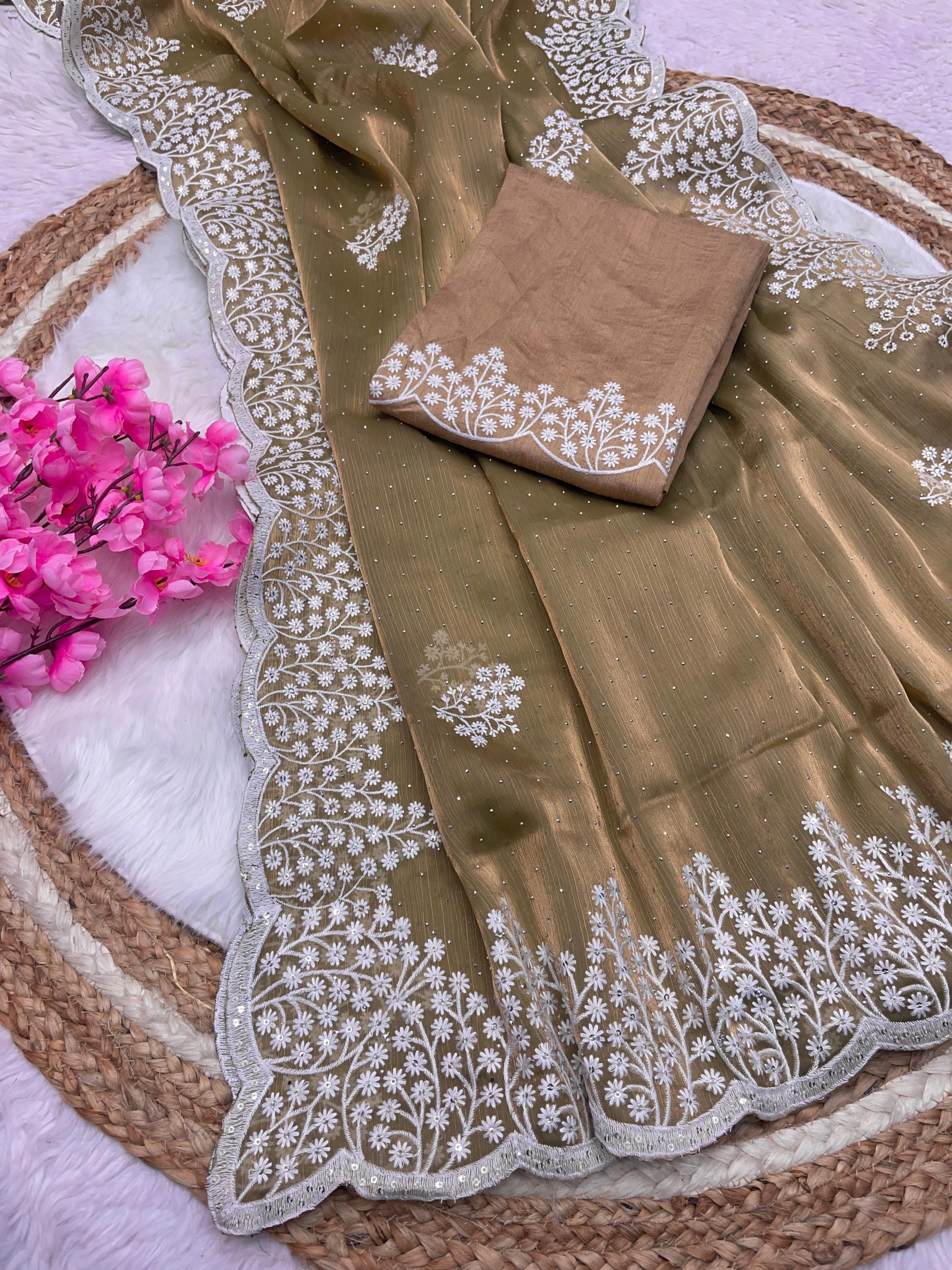 Zimmy Choo Saree: Elegant Silk with Stunning Diamond Embroidery-RMP-413-Mehendi