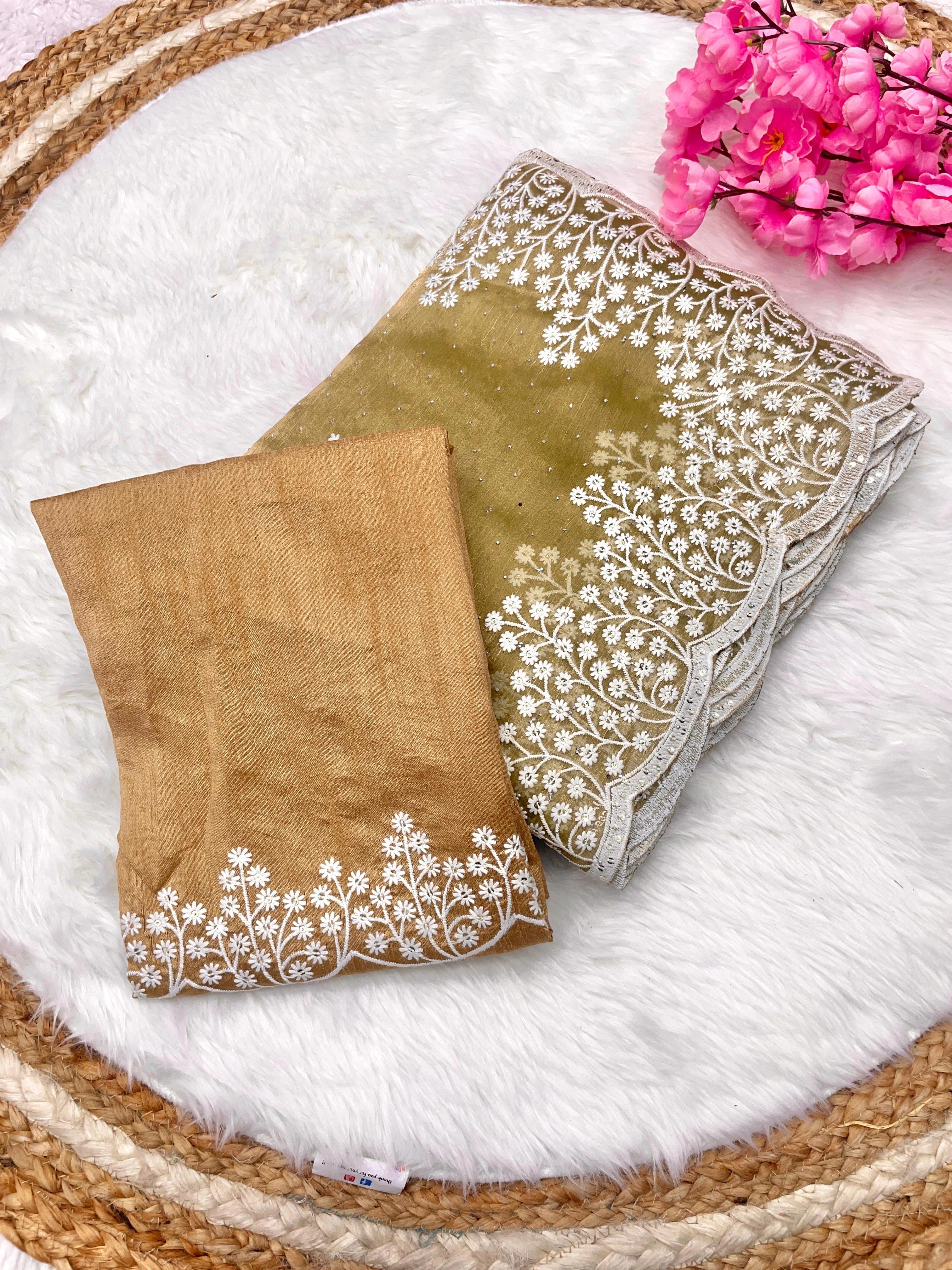 Zimmy Choo Saree: Elegant Silk with Stunning Diamond Embroidery-Mehendi-2