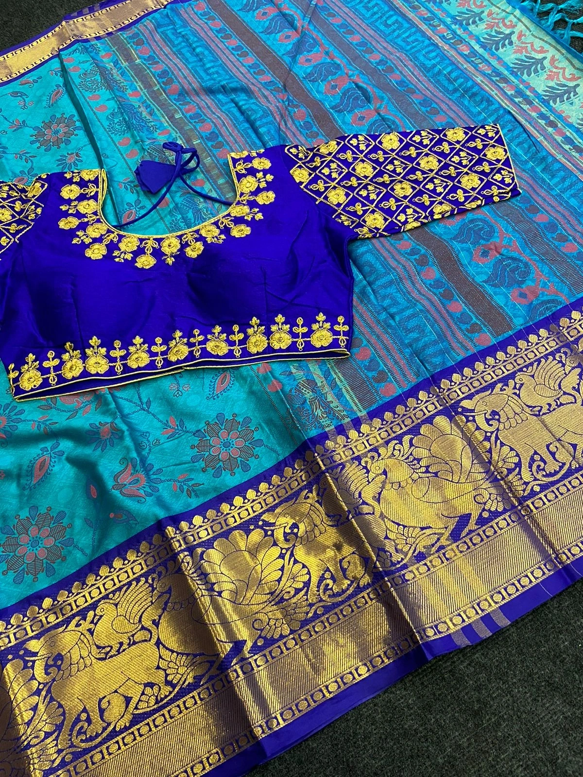 Heavy Cotton Silk Saree with Ready-made Maggam Blouse-Blue-1