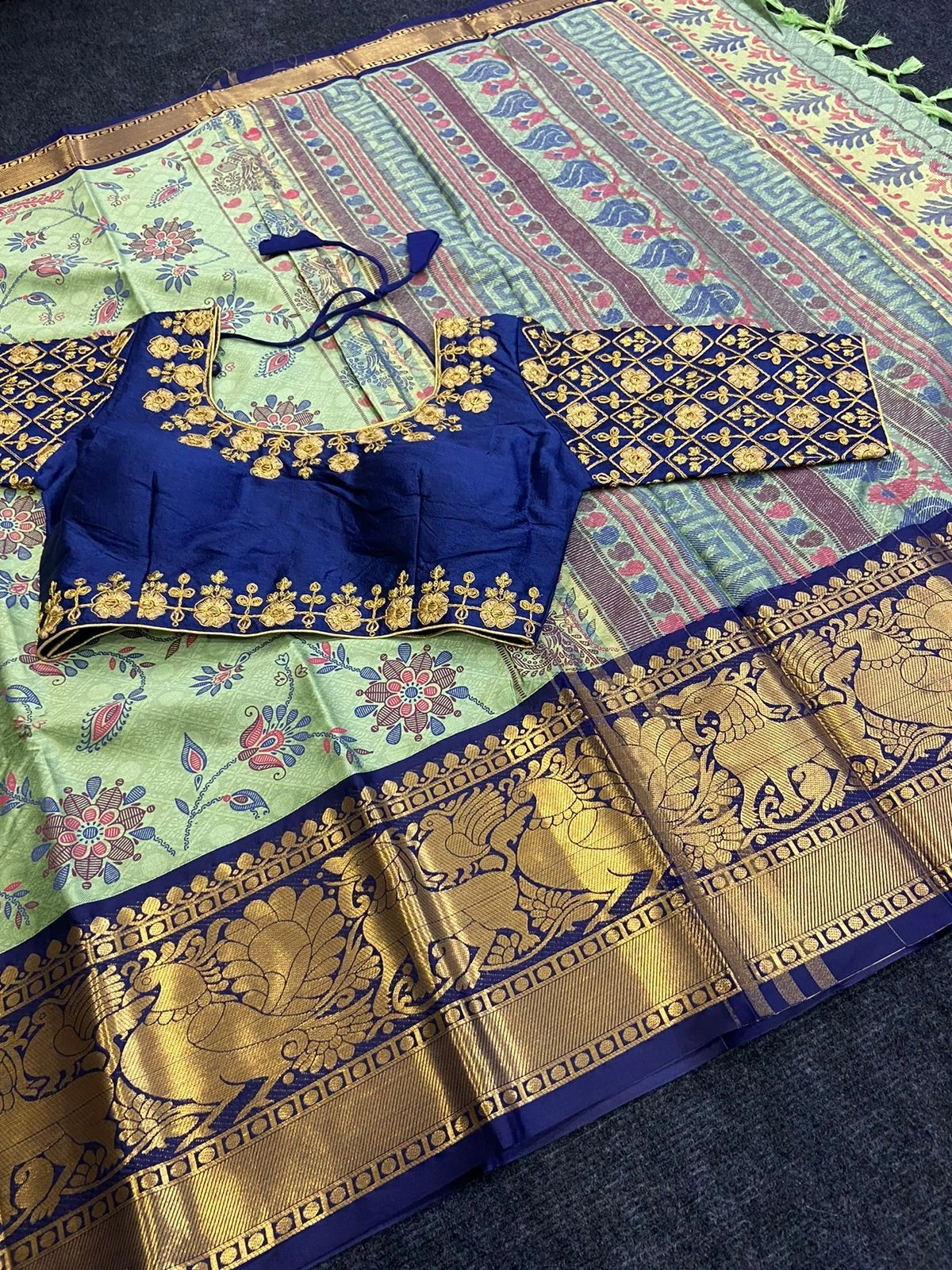 Heavy Cotton Silk Saree with Ready-made Maggam Blouse-Pista-1