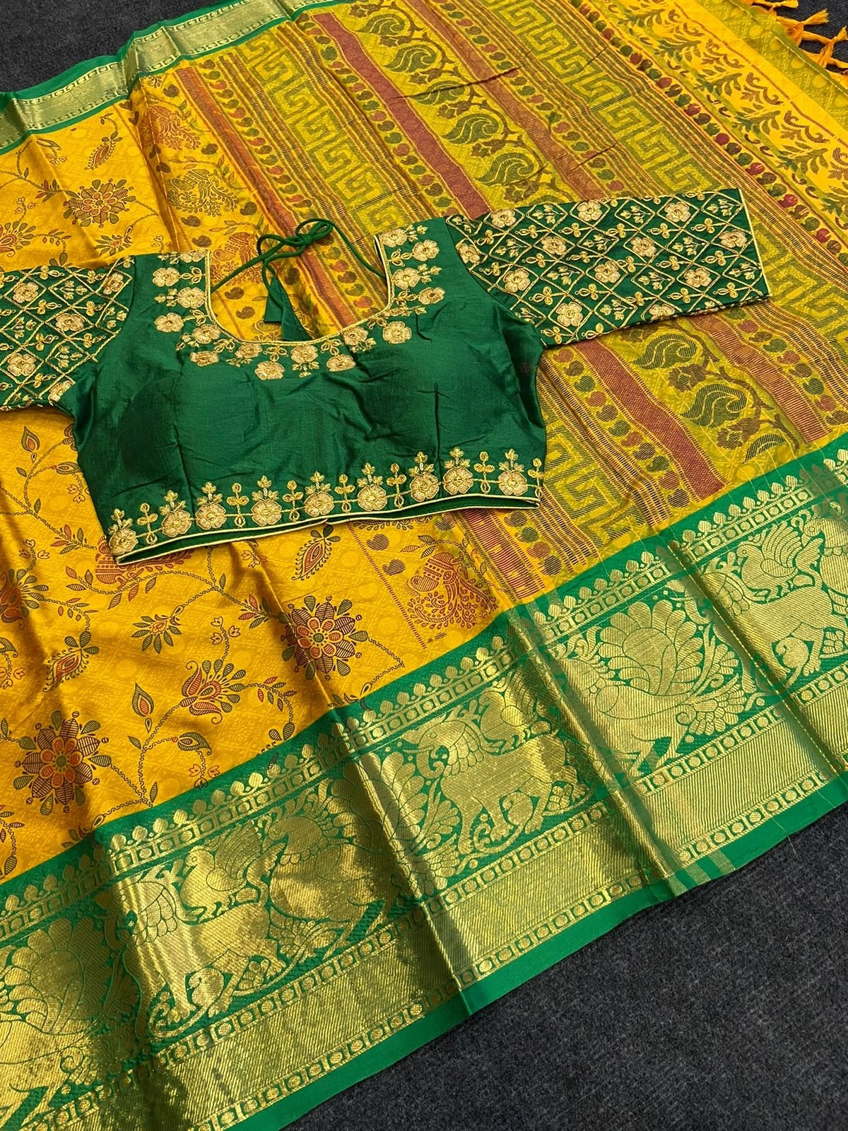 Heavy Cotton Silk Saree with Ready-made Maggam Blouse-Yellow-1