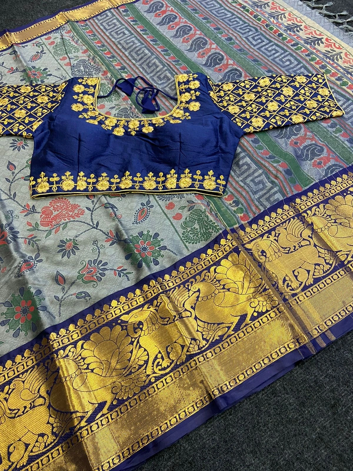 Heavy Cotton Silk Saree with Ready-made Maggam Blouse-NFA-05-Gray