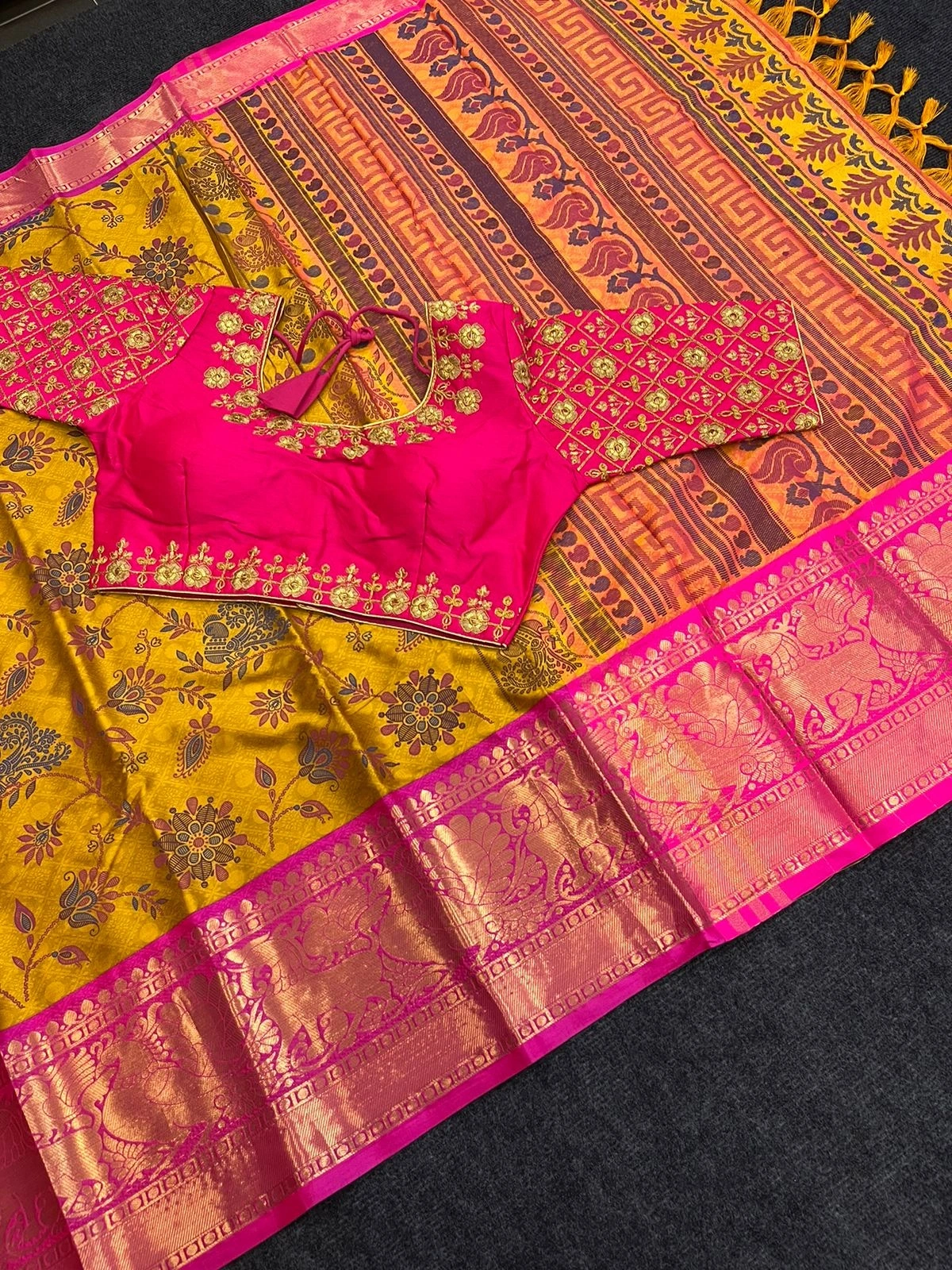 Heavy Cotton Silk Saree with Ready-made Maggam Blouse-Orange-1