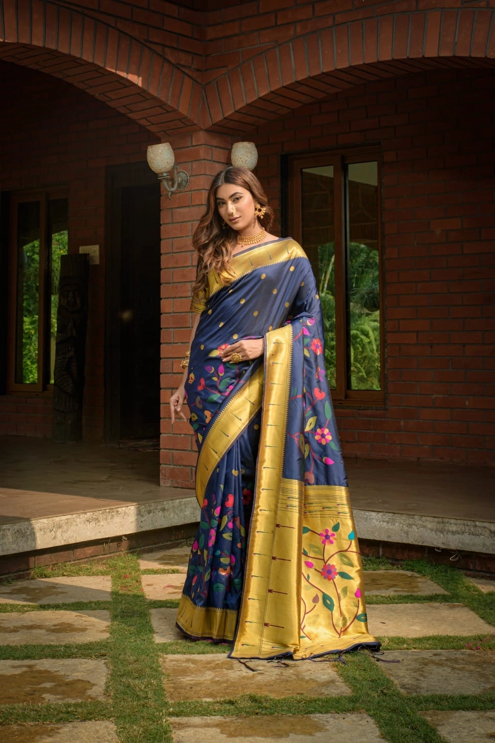 Paithani Pure Silk Handloom Saree with Gold Jari - Luxurious Elegance!-Navy Blue-1