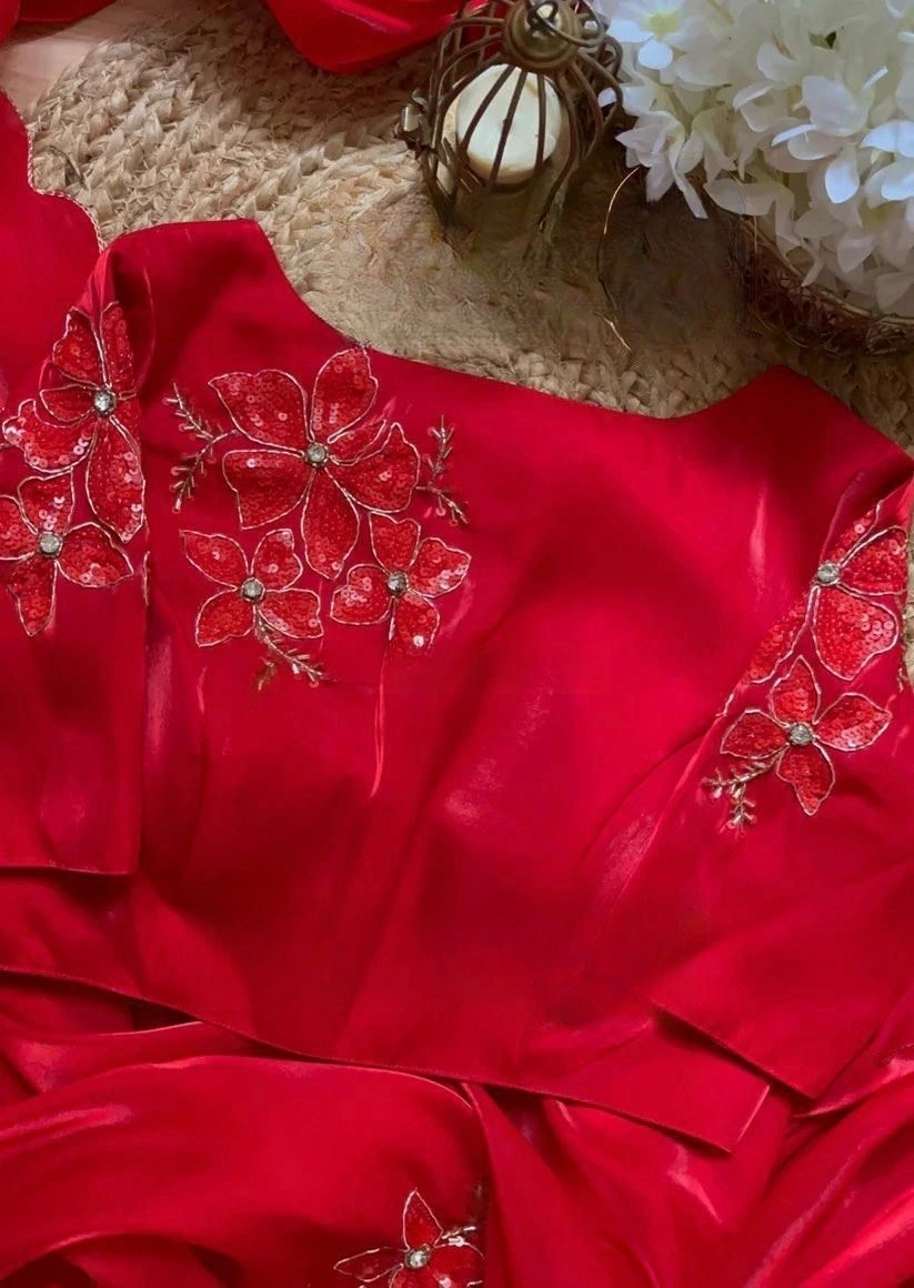 Sequins Embroidered Saree with Cutwork Border &amp; Jimi Choo Blouse-Red-3