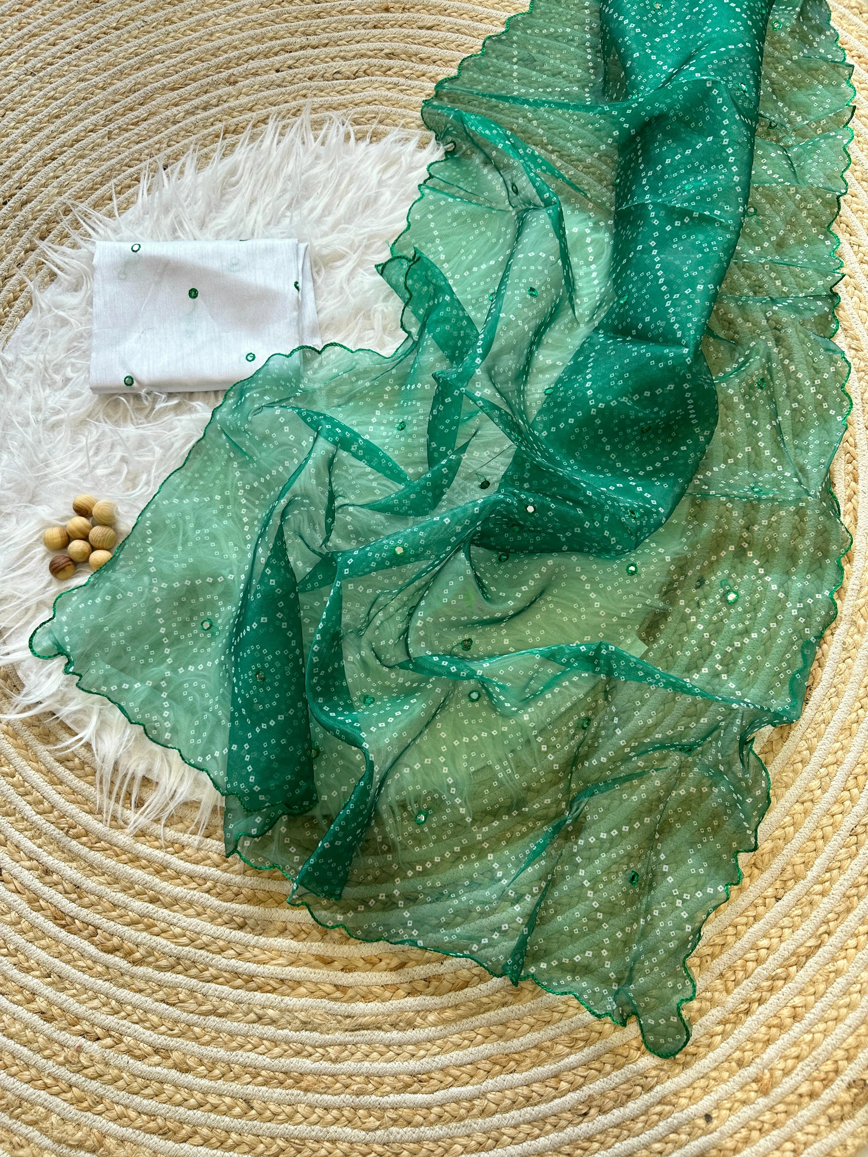 Mirrored Bandhani Organza Saree with Cutwork Raw Silk Blouse-Green-1