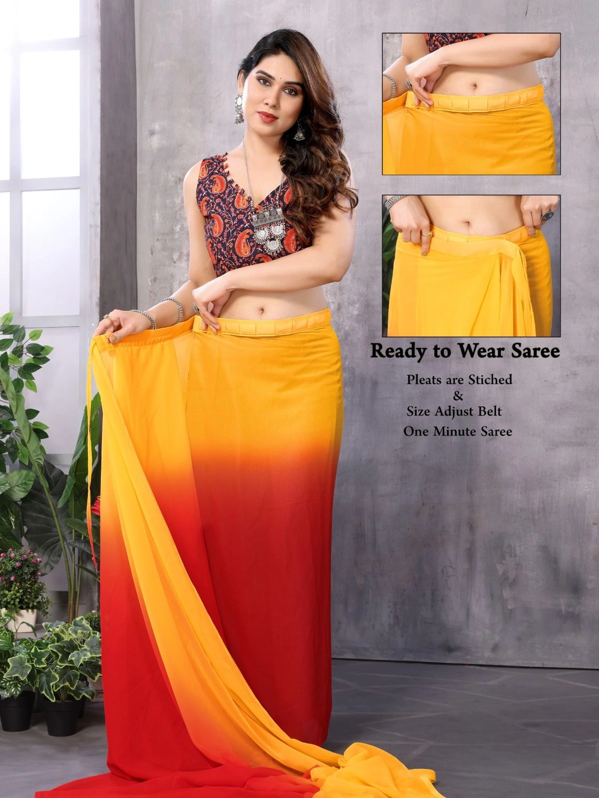 Georgette Silk Saree Set with Printed and Plain Banglori Silk-NFA-08-Yellow