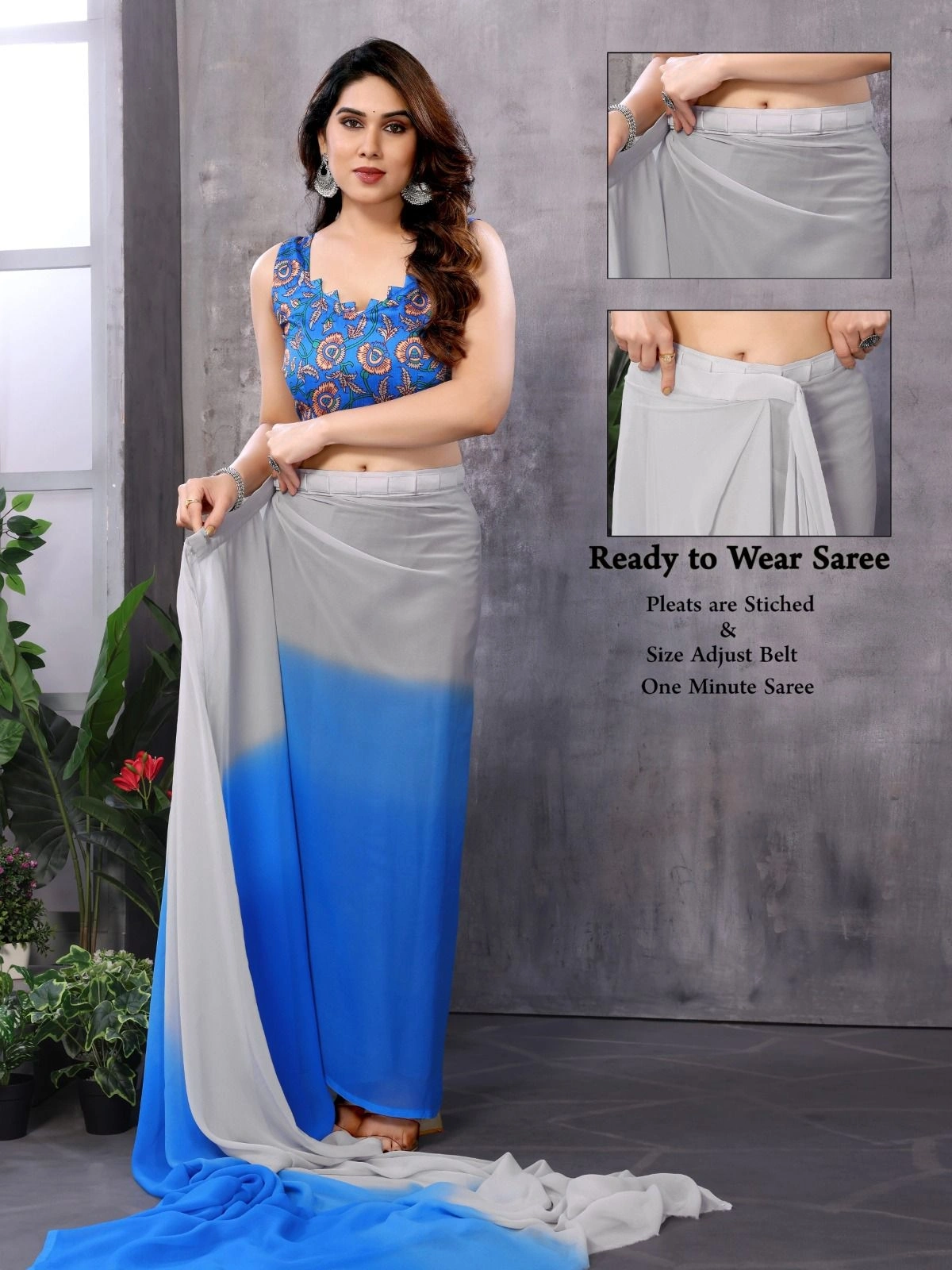 Georgette Silk Saree Set with Printed and Plain Banglori Silk-NFA-08-Grey