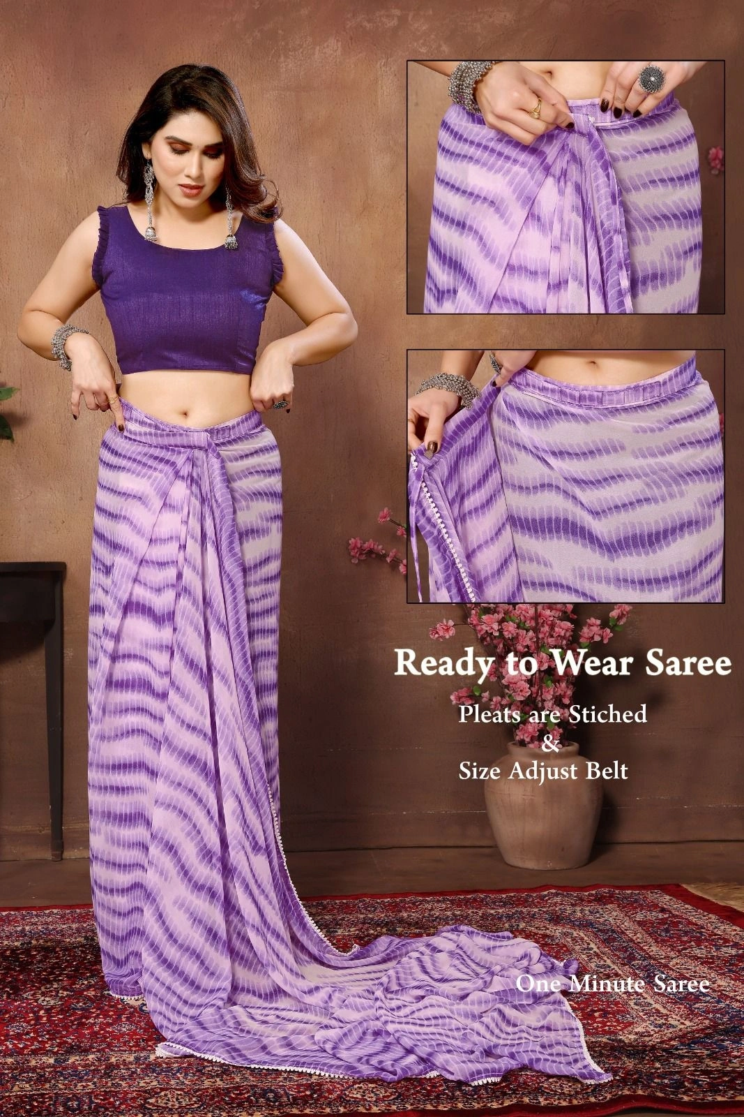 Georgette Silk Saree Set with Printed and Plain Banglori Silk-NFA-08-Purple