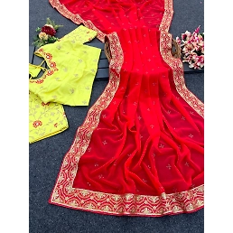 Blooming Georgette: Intricate Sequin Border & Full Diamond Work Blouse (Fits Up to 42)