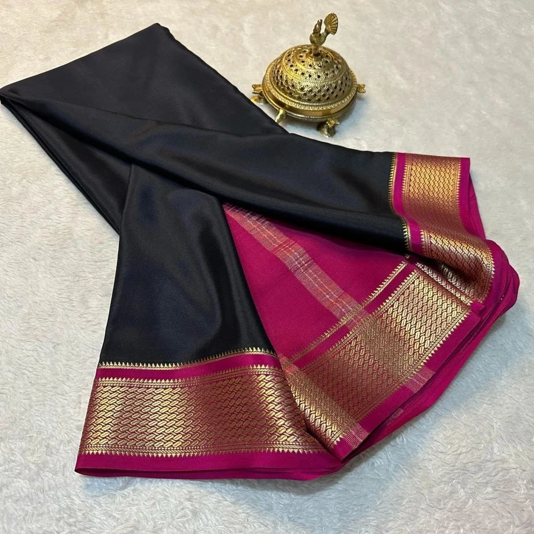 Mysore Crape Silk Dipawali Collection: Exquisite Silk Saree with Stunning Jari Border-RRW-06-Black