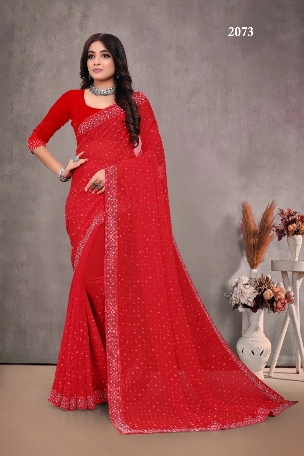 Swarovski-Embroidered Georgette Saree with Fancy Border-Red-2