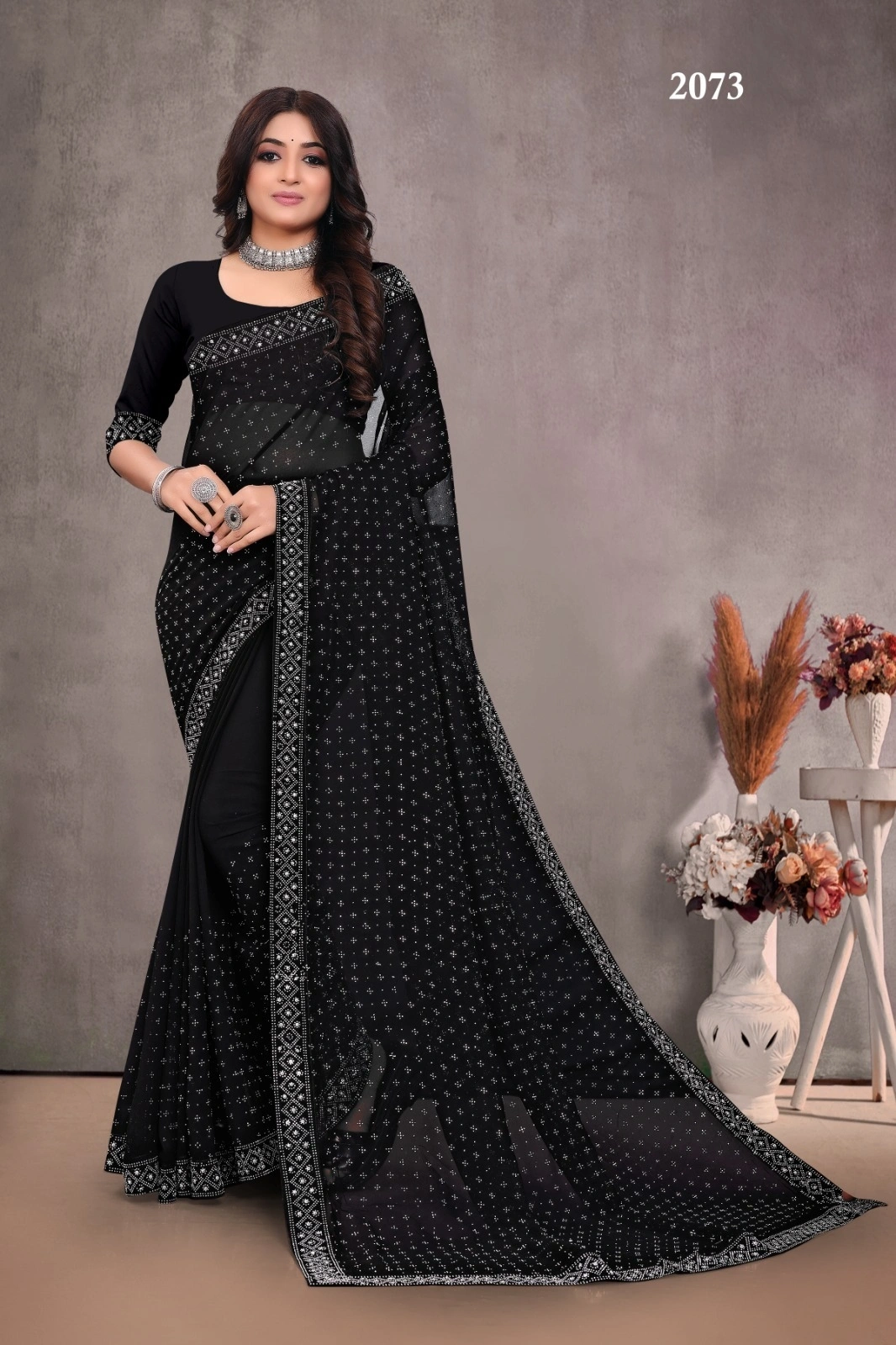 Swarovski-Embroidered Georgette Saree with Fancy Border-Black-2