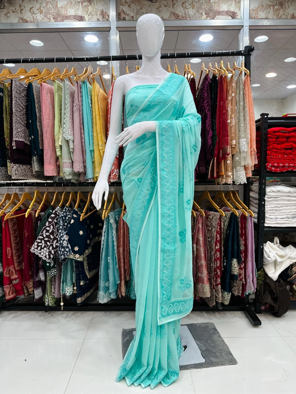 Tone-to-Tone Swarovski Saree with Running Blouse-RSRM-3668-SkyBlue