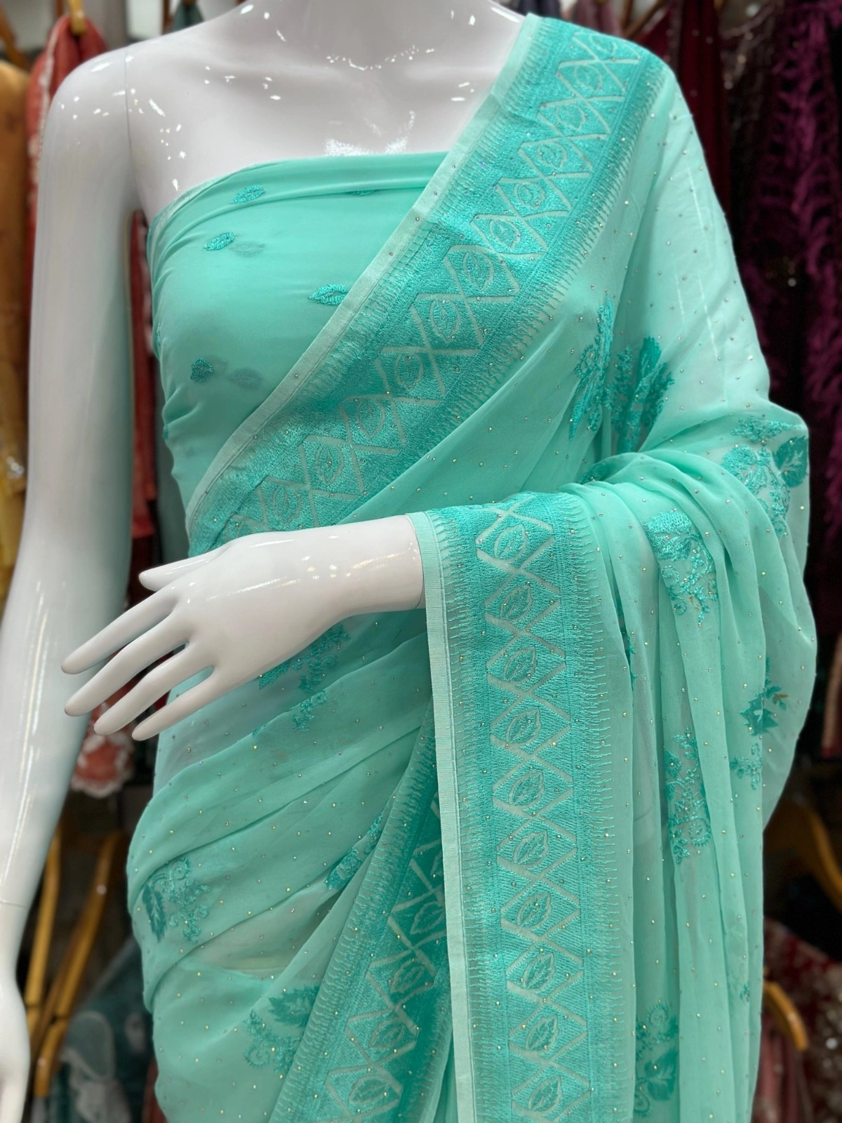 Tone-to-Tone Swarovski Saree with Running Blouse-Sky Blue-1