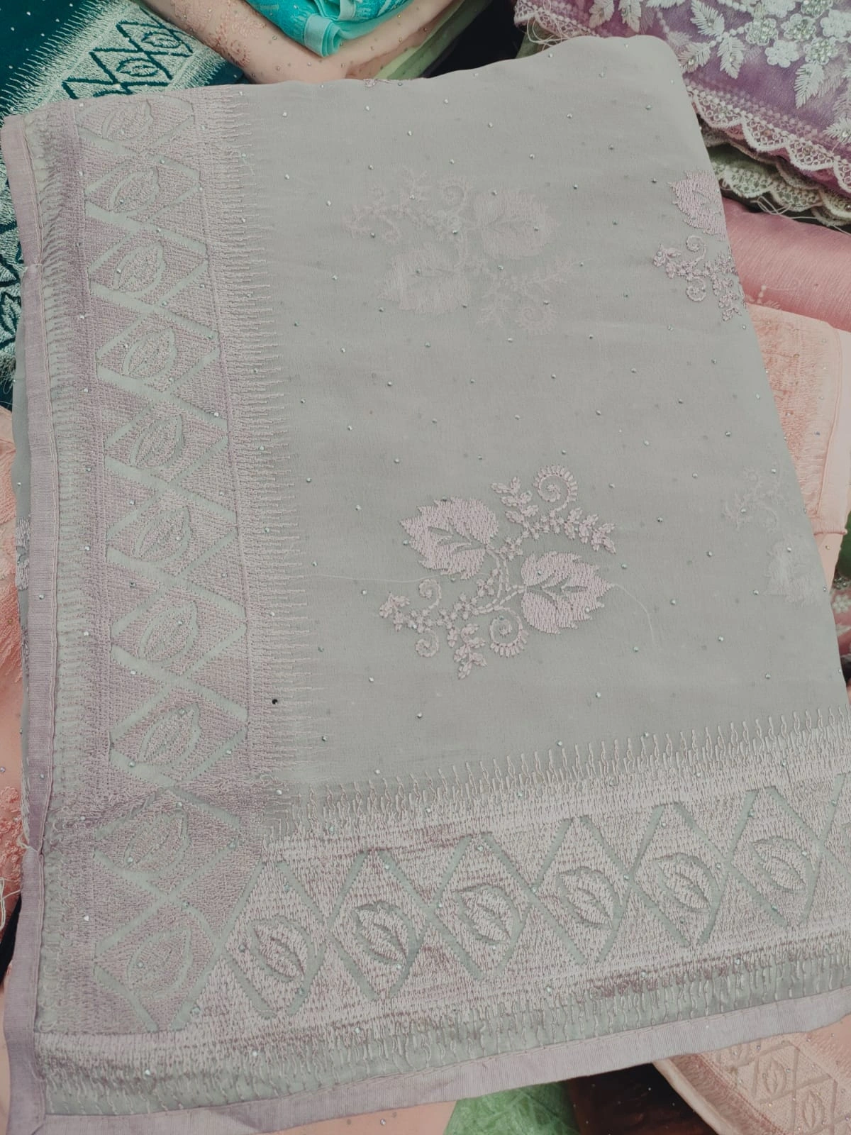 Tone-to-Tone Swarovski Saree with Running Blouse-Grey-1