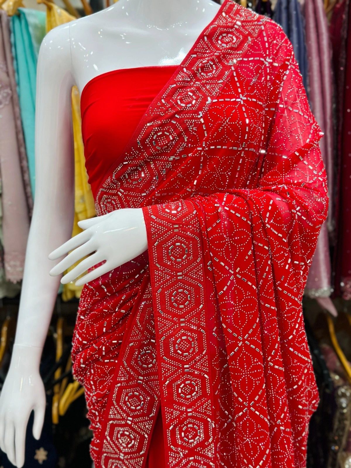 60 Gram Saree with Full Heavy Swarovski &amp; Mirror Work-Red-1