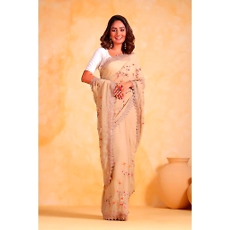 Georgette Elegance: Embroidered Threadwork with Cutwork Border